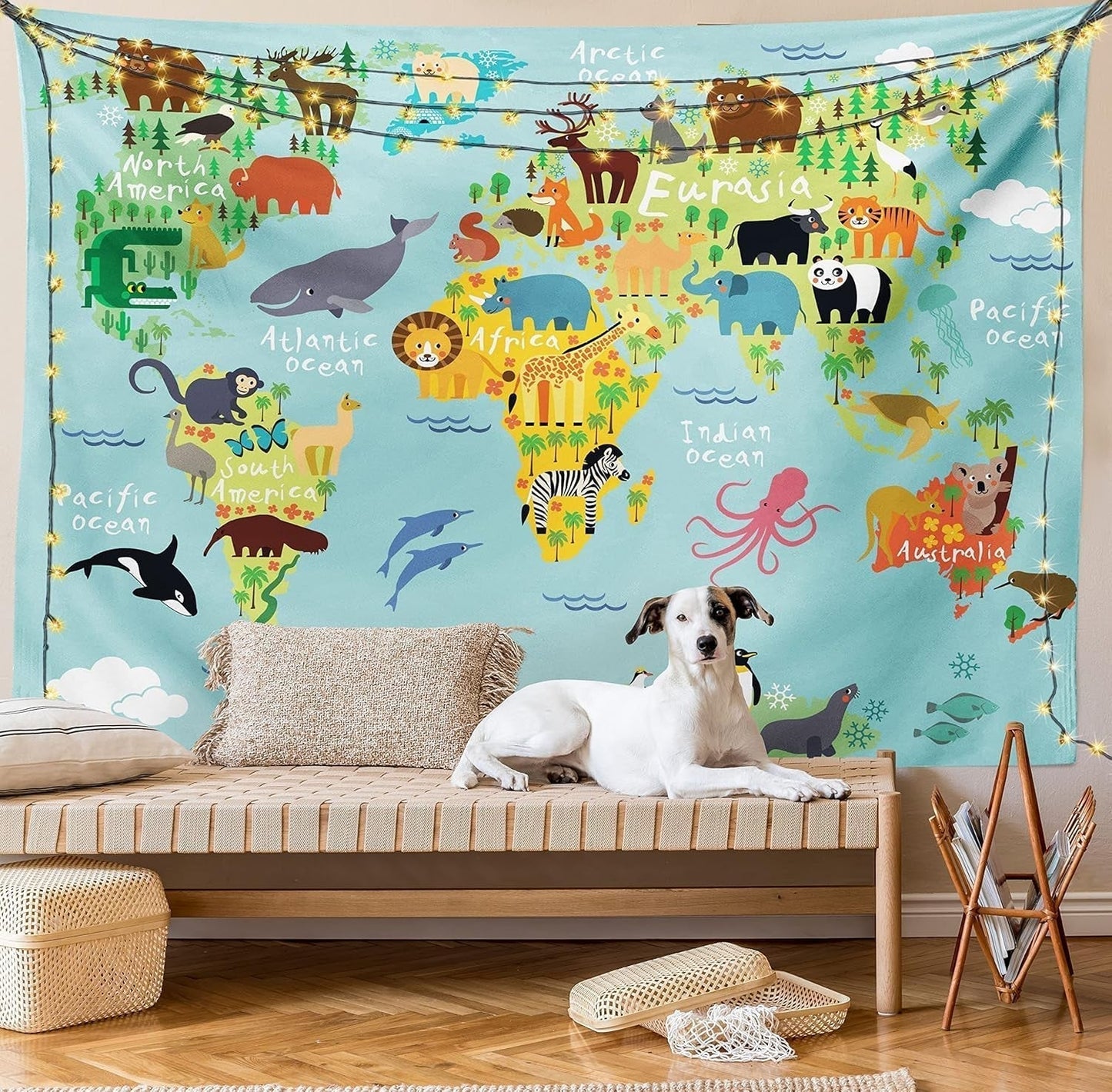 Wandtapijt abakuhaus reislust dierenwereldkaart tekeningen Home - Accessoires en Decoratie Naty Shop