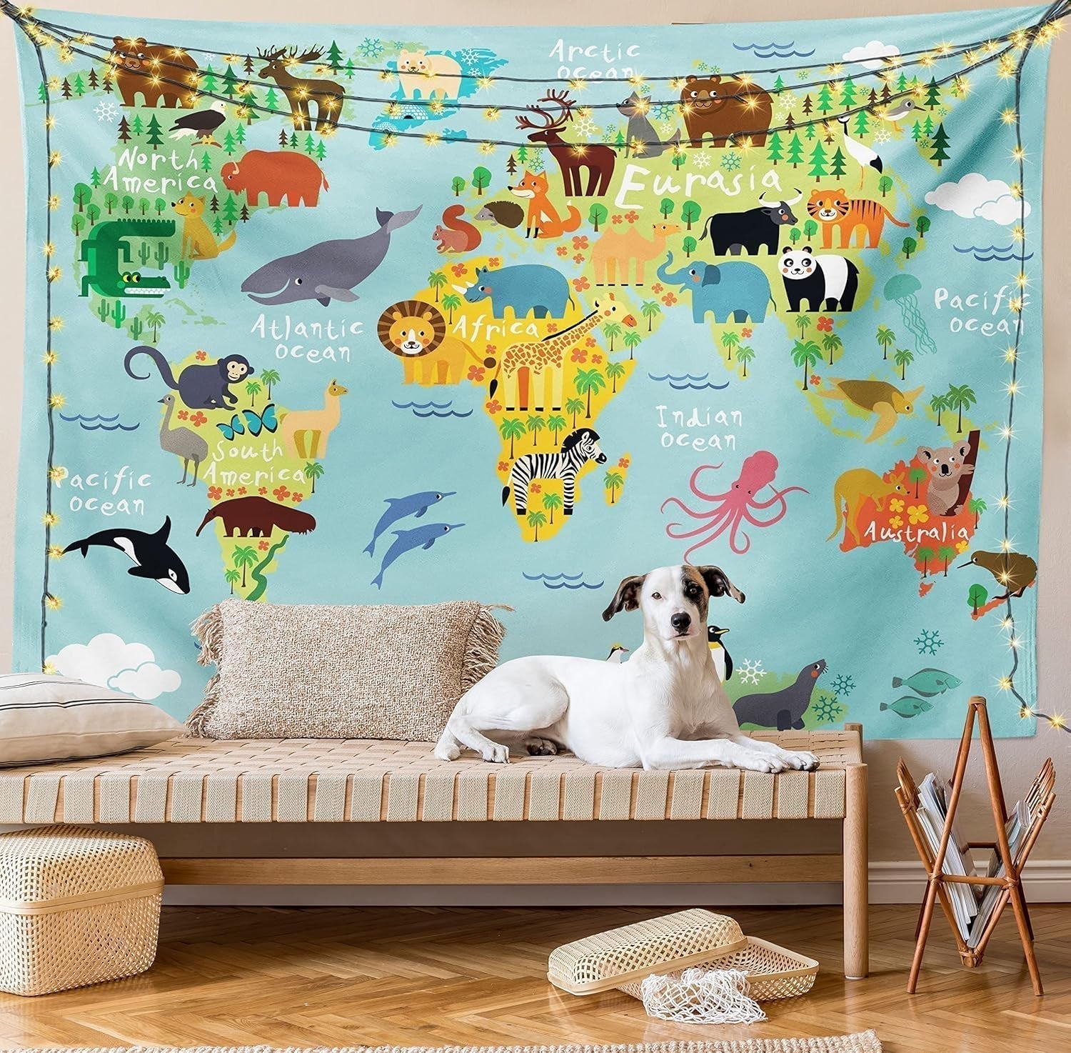 Wandtapijt abakuhaus reislust dierenwereldkaart tekeningen Home - Accessoires en Decoratie Naty Shop