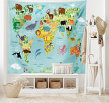Wandtapijt abakuhaus reislust dierenwereldkaart tekeningen Home - Accessoires en Decoratie Naty Shop Lichtblauw Geelgroen 150L X 110B Cm