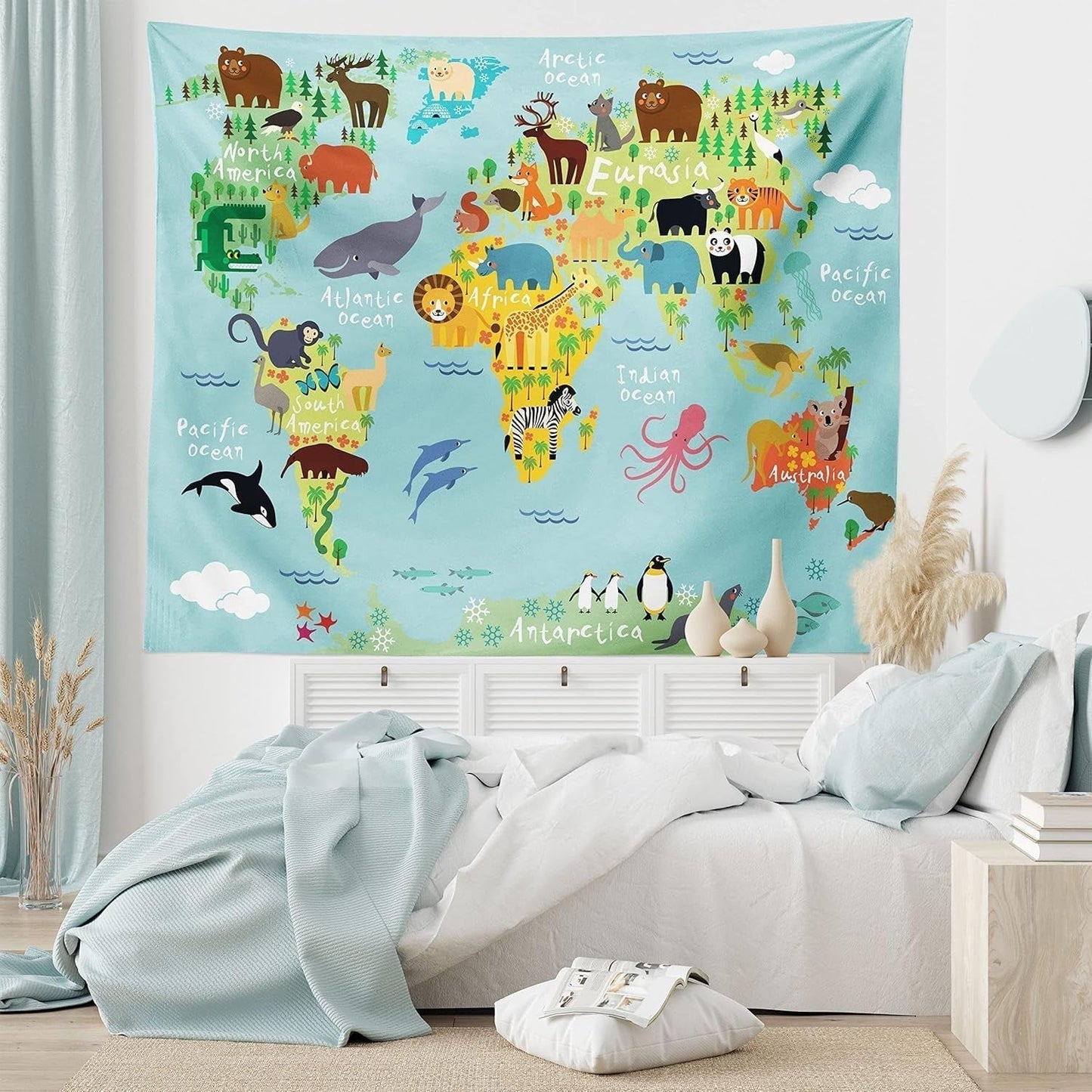 Wandtapijt abakuhaus reislust dierenwereldkaart tekeningen Home - Accessoires en Decoratie Naty Shop