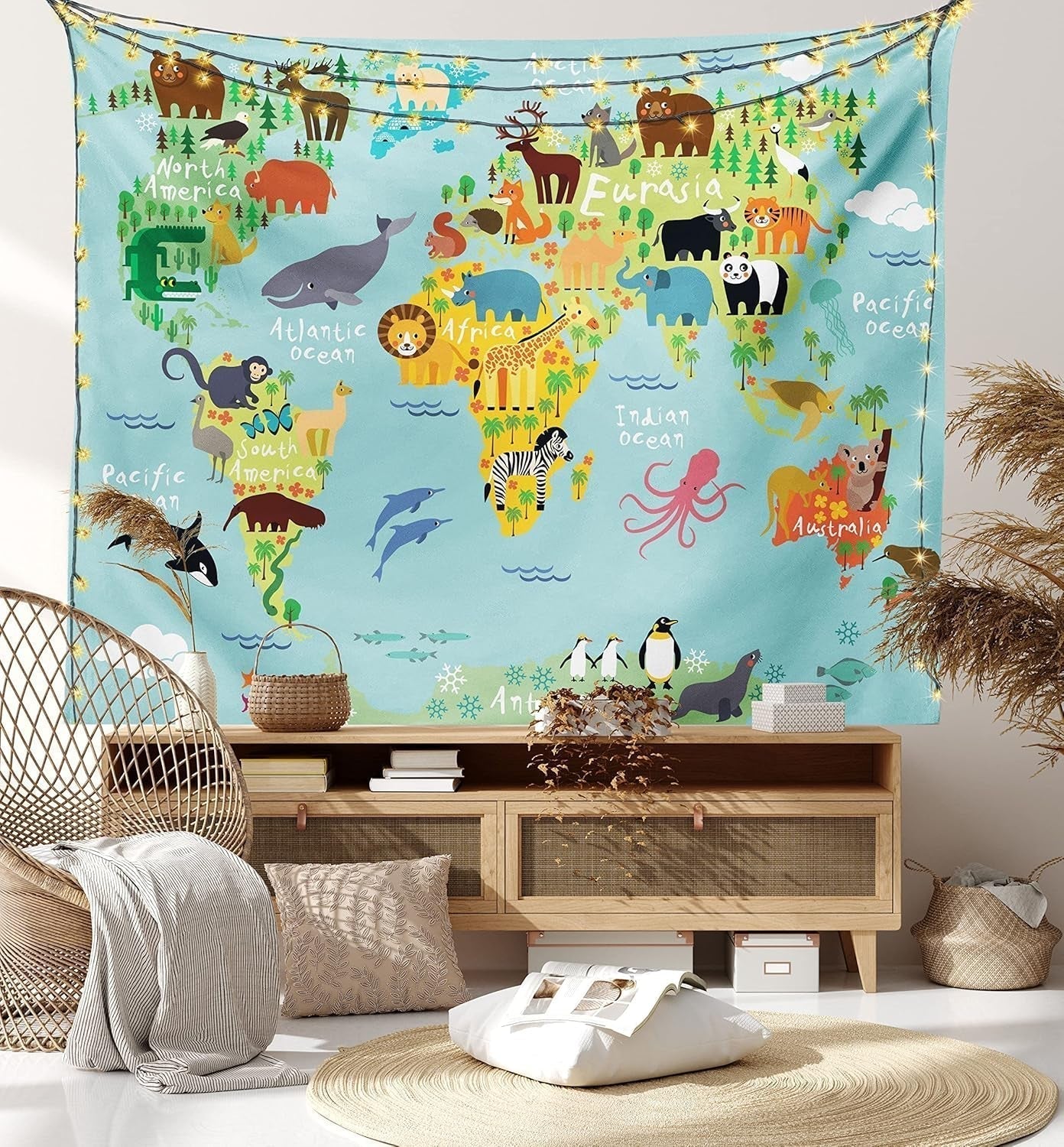 Wandtapijt abakuhaus reislust dierenwereldkaart tekeningen Home - Accessoires en Decoratie Naty Shop