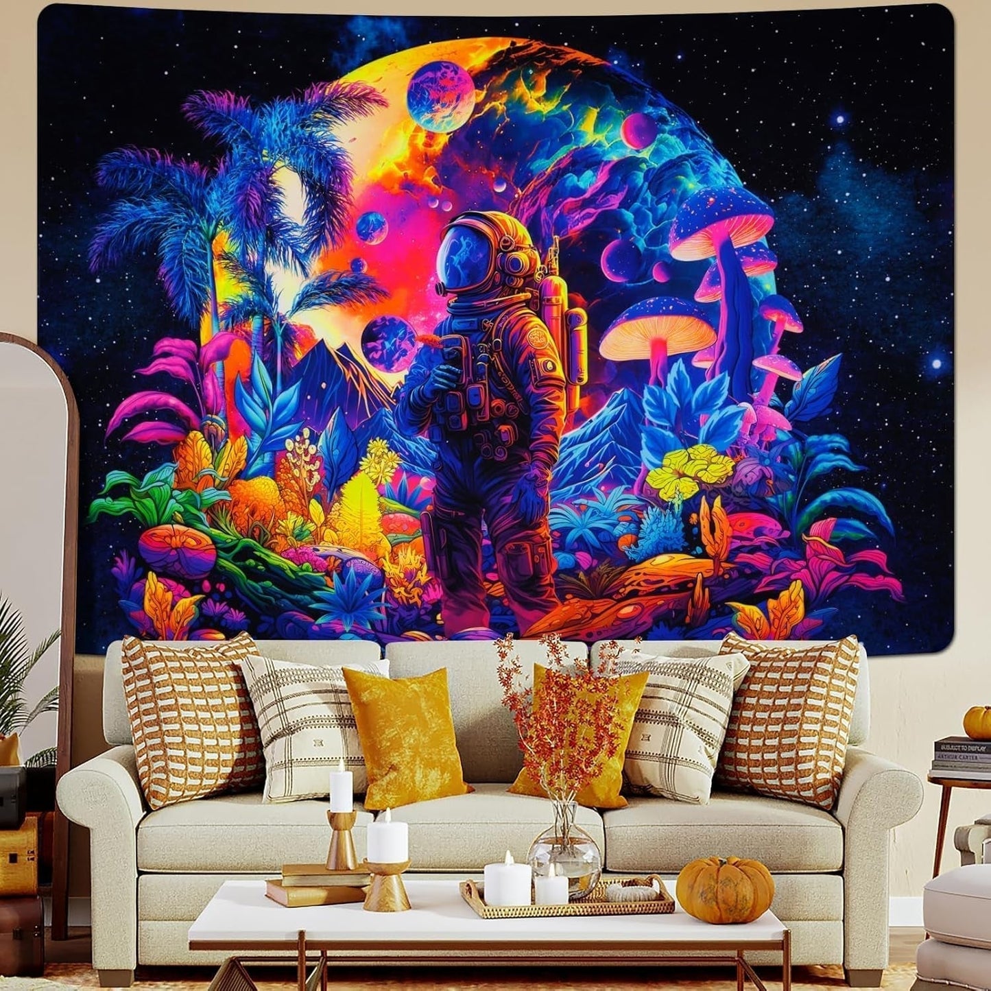 Wandtapijt alishomtll zwart licht astronaut paddestoel fluorescerend botanisch Huis - Accessoires en Decoratie Naty Shop