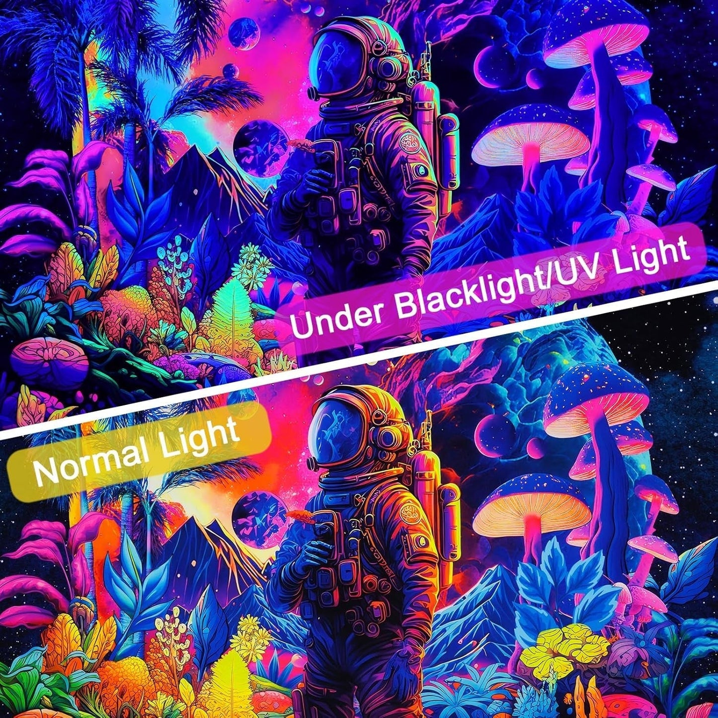 Wandtapijt alishomtll zwart licht astronaut paddestoel fluorescerend botanisch Huis - Accessoires en Decoratie Naty Shop