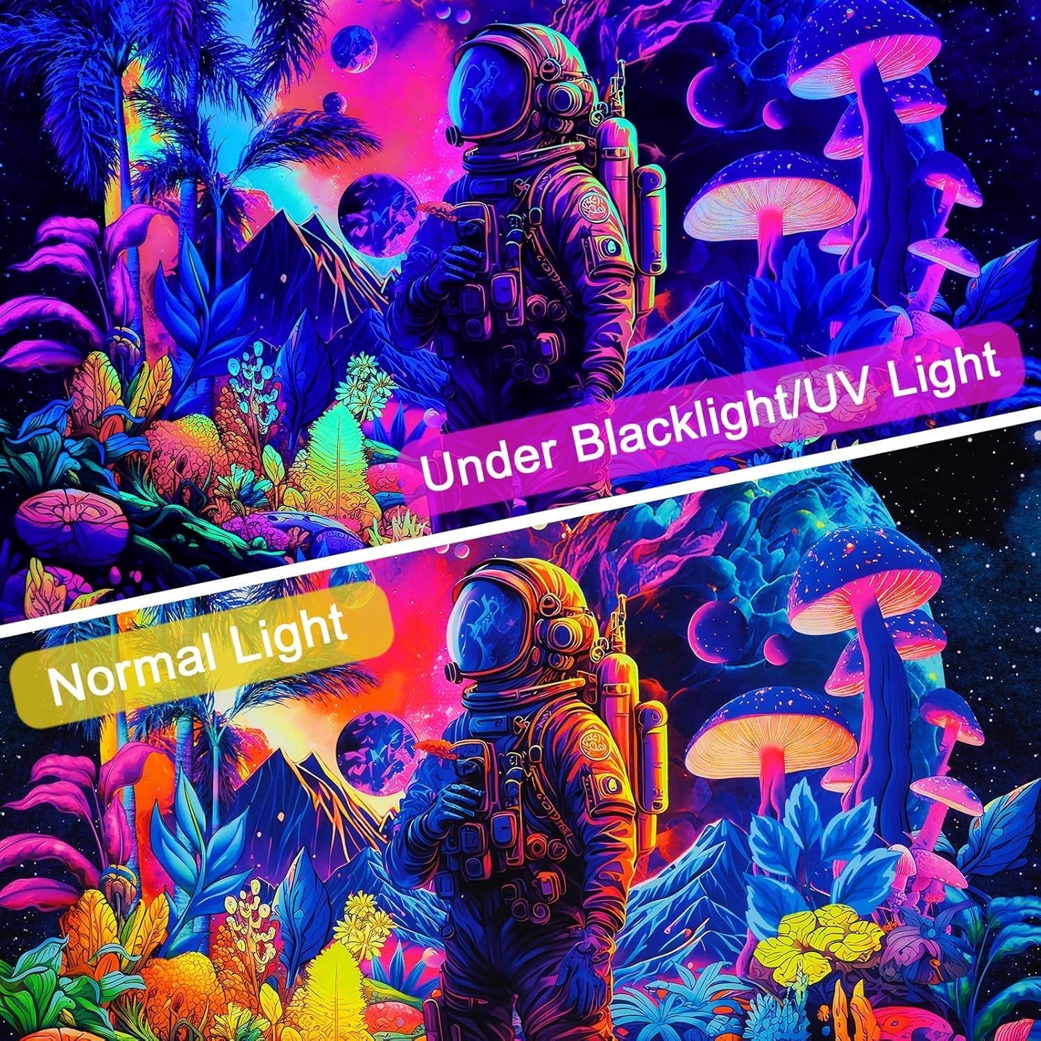 Wandtapijt alishomtll zwart licht astronaut paddestoel fluorescerend botanisch Huis - Accessoires en Decoratie Naty Shop