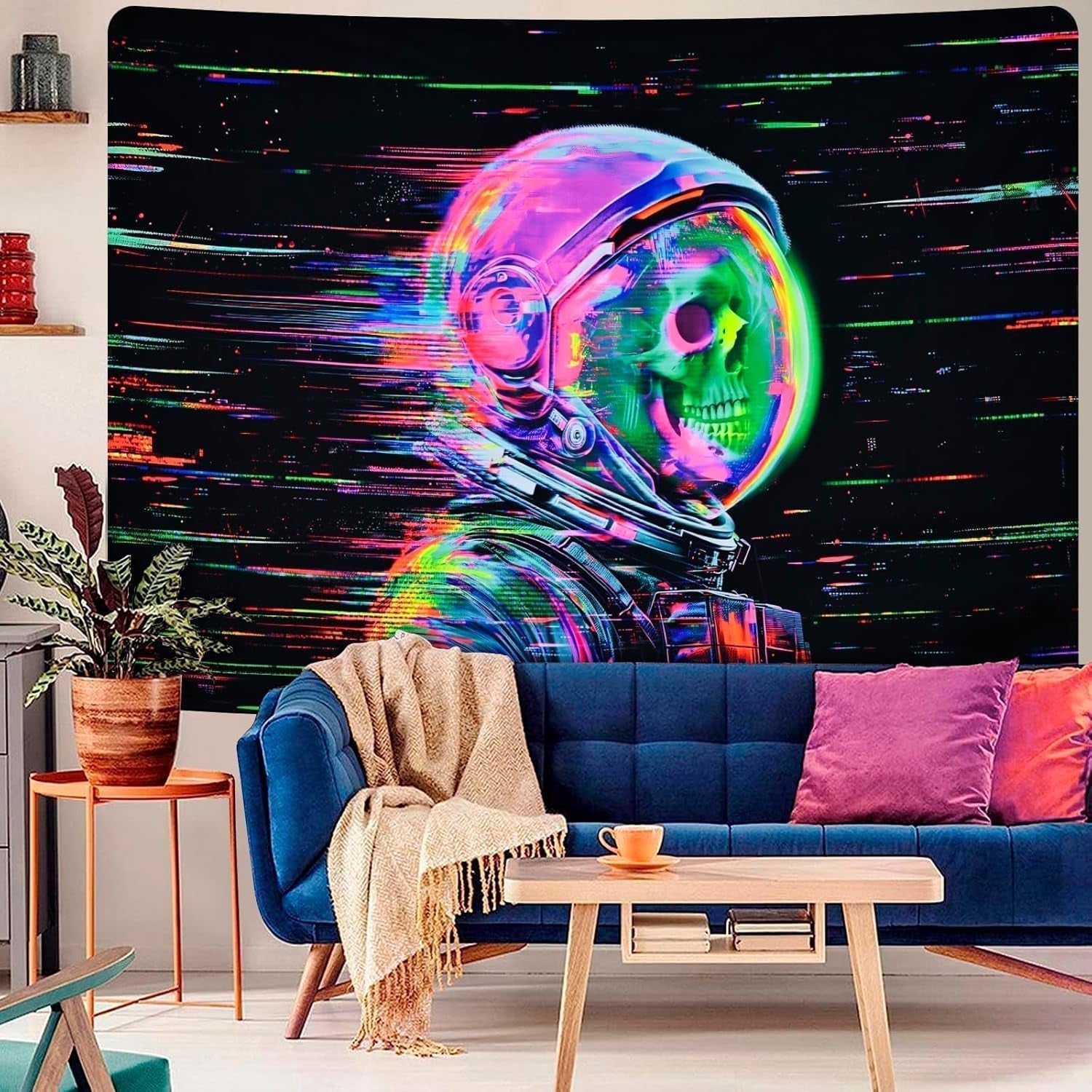 Wandtapijt alishomtll fluorescerende schedel astronaut zwart licht Home - Accessoires en Decoratie Naty Shop