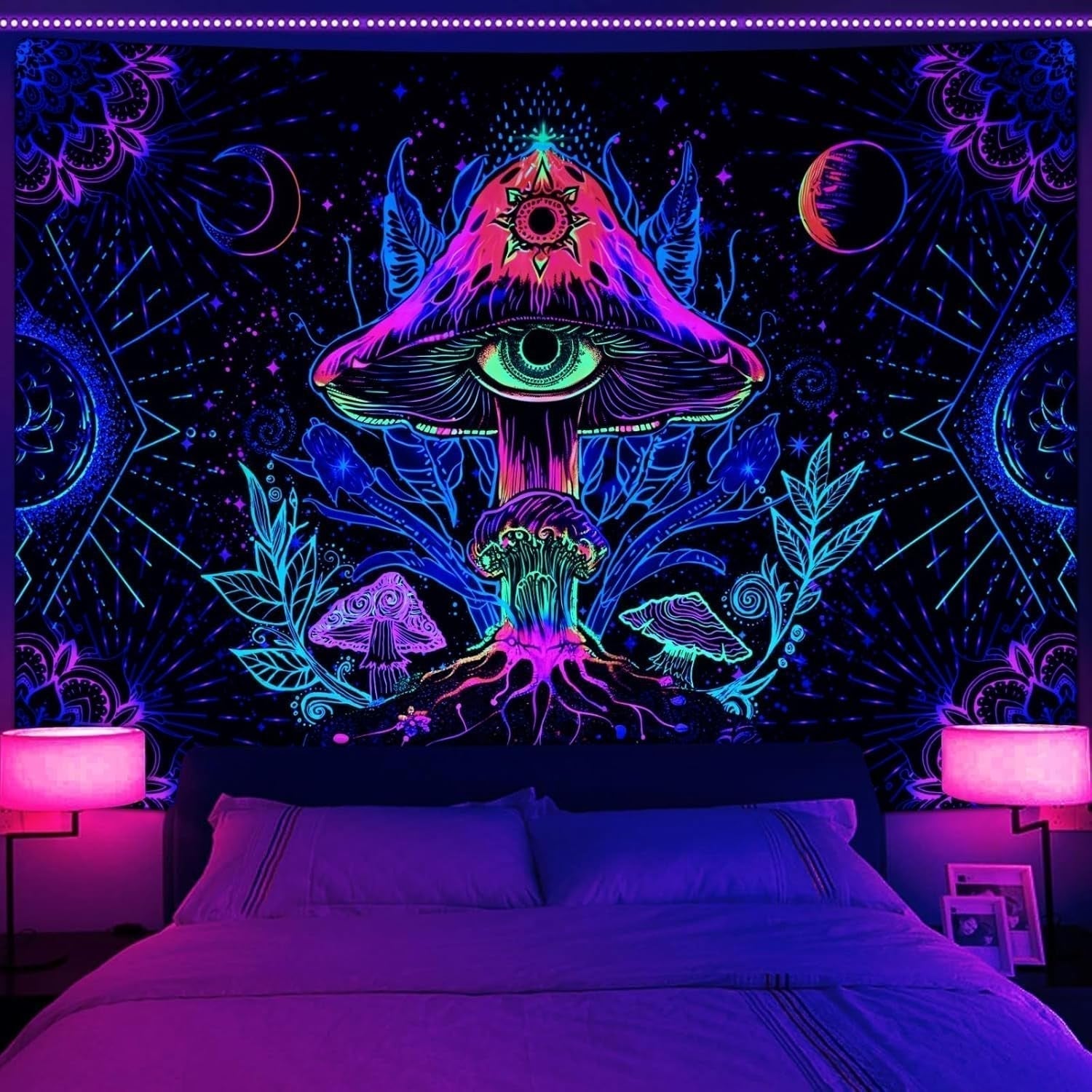 Wandtapijt alishomtll fluorescerende paddestoel zwart licht mandala Home - Accessoires en Decoratie Naty Shop Multi 150L X 130B Cm