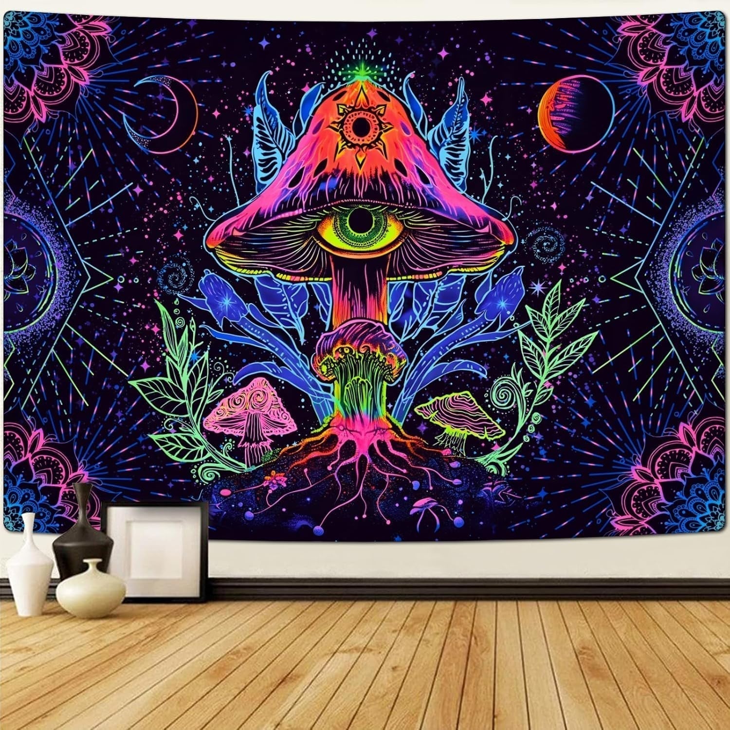Wandtapijt alishomtll fluorescerende paddestoel zwart licht mandala Home - Accessoires en Decoratie Naty Shop