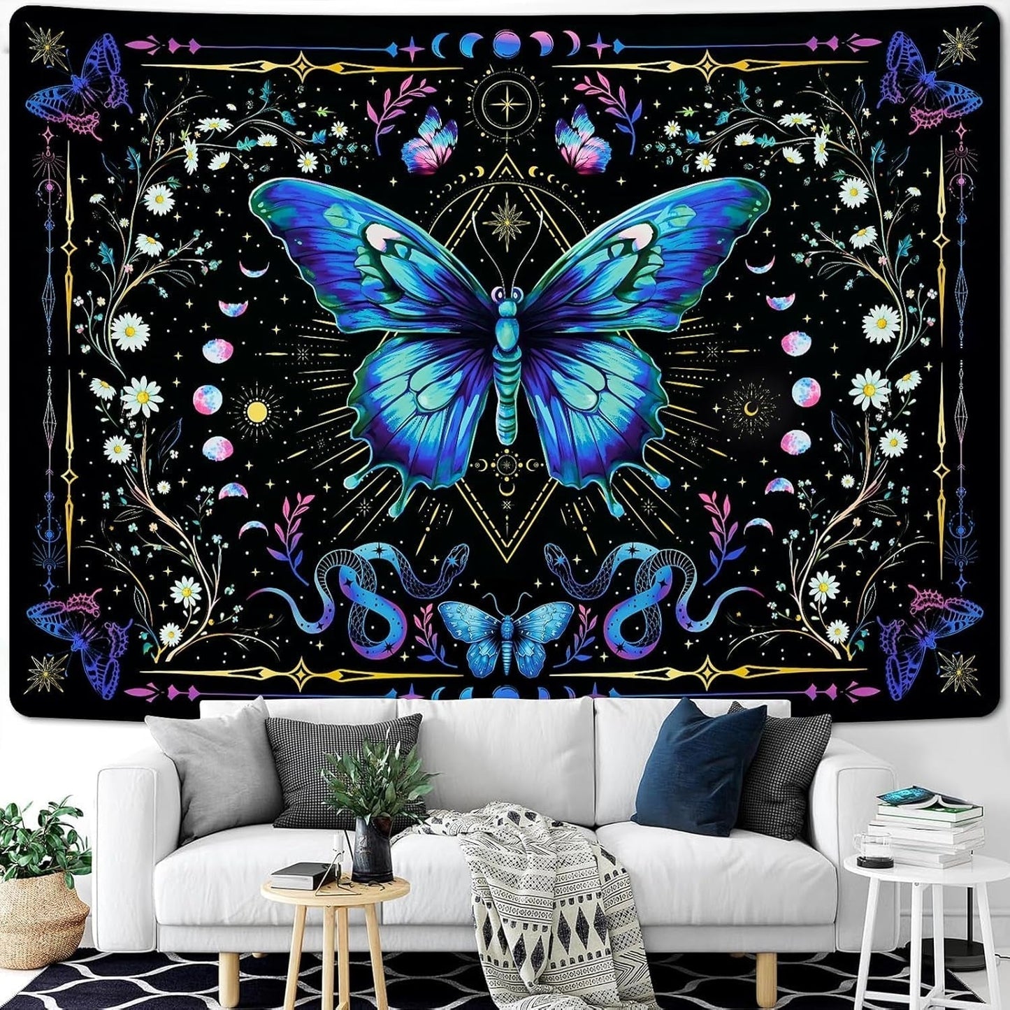 Wandtapijt alishomtll vlinder maanfase bloemen madeliefje zwart Wonen - Accessoires en Decoratie Naty Shop