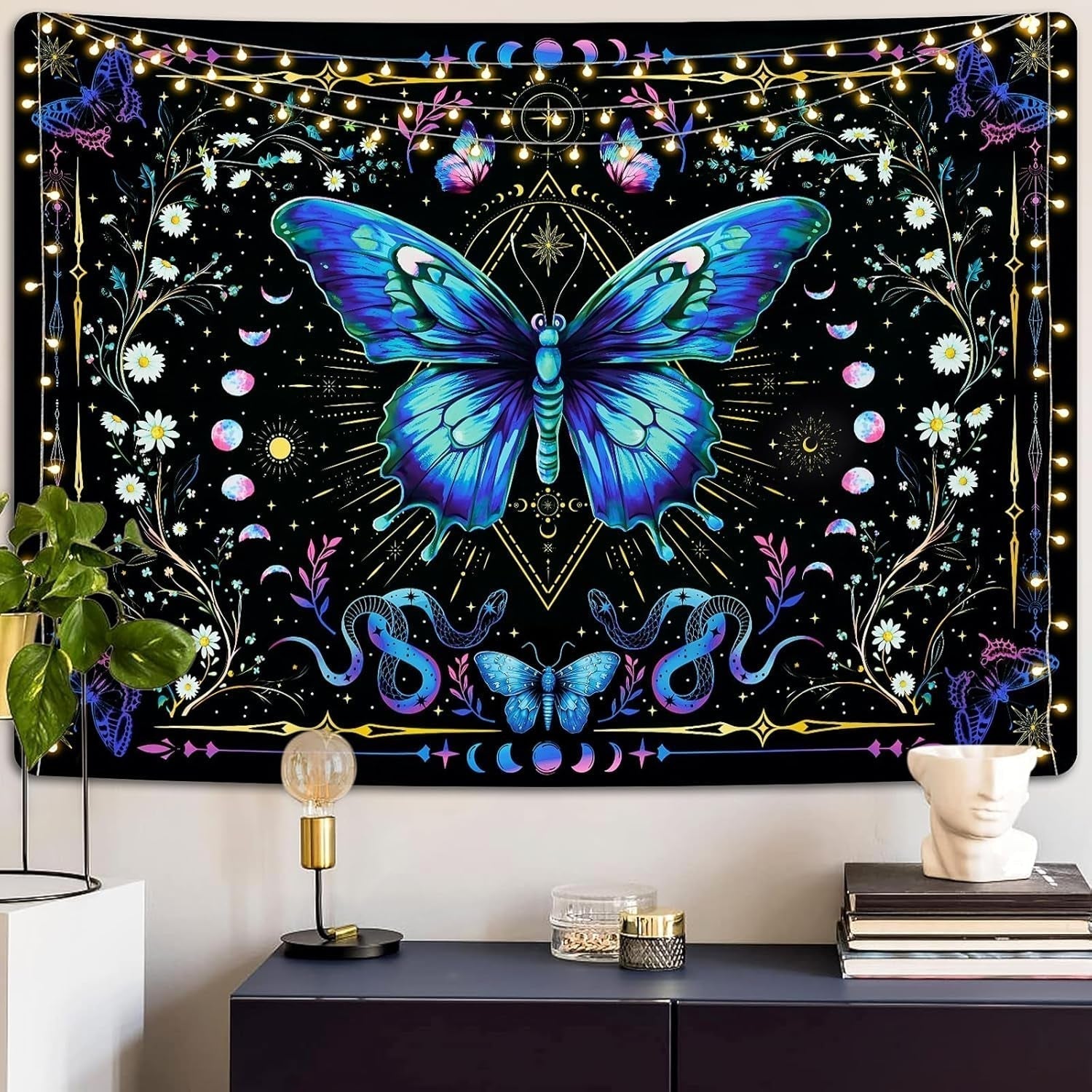 Wandtapijt alishomtll vlinder maanfase bloemen madeliefje zwart Wonen - Accessoires en Decoratie Naty Shop