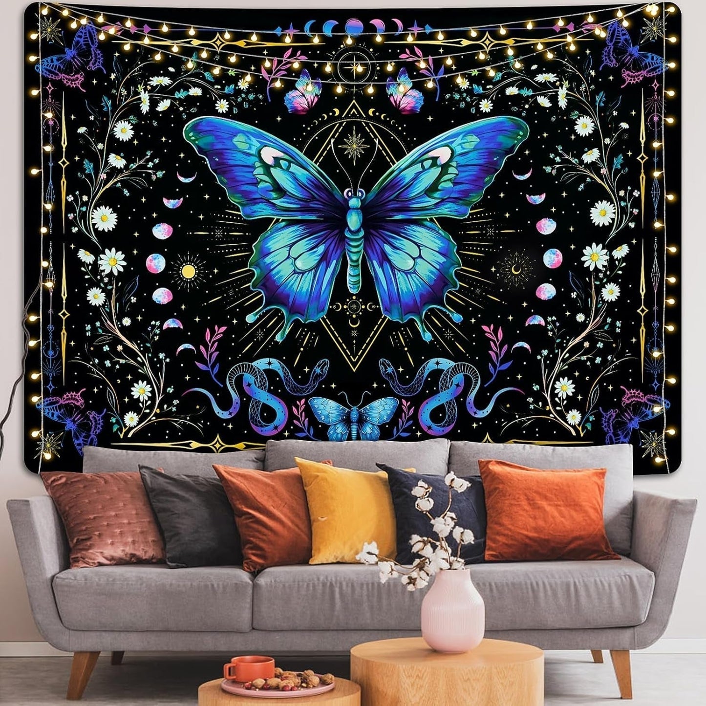 Wandtapijt alishomtll vlinder maanfase bloemen madeliefje zwart Wonen - Accessoires en Decoratie Naty Shop