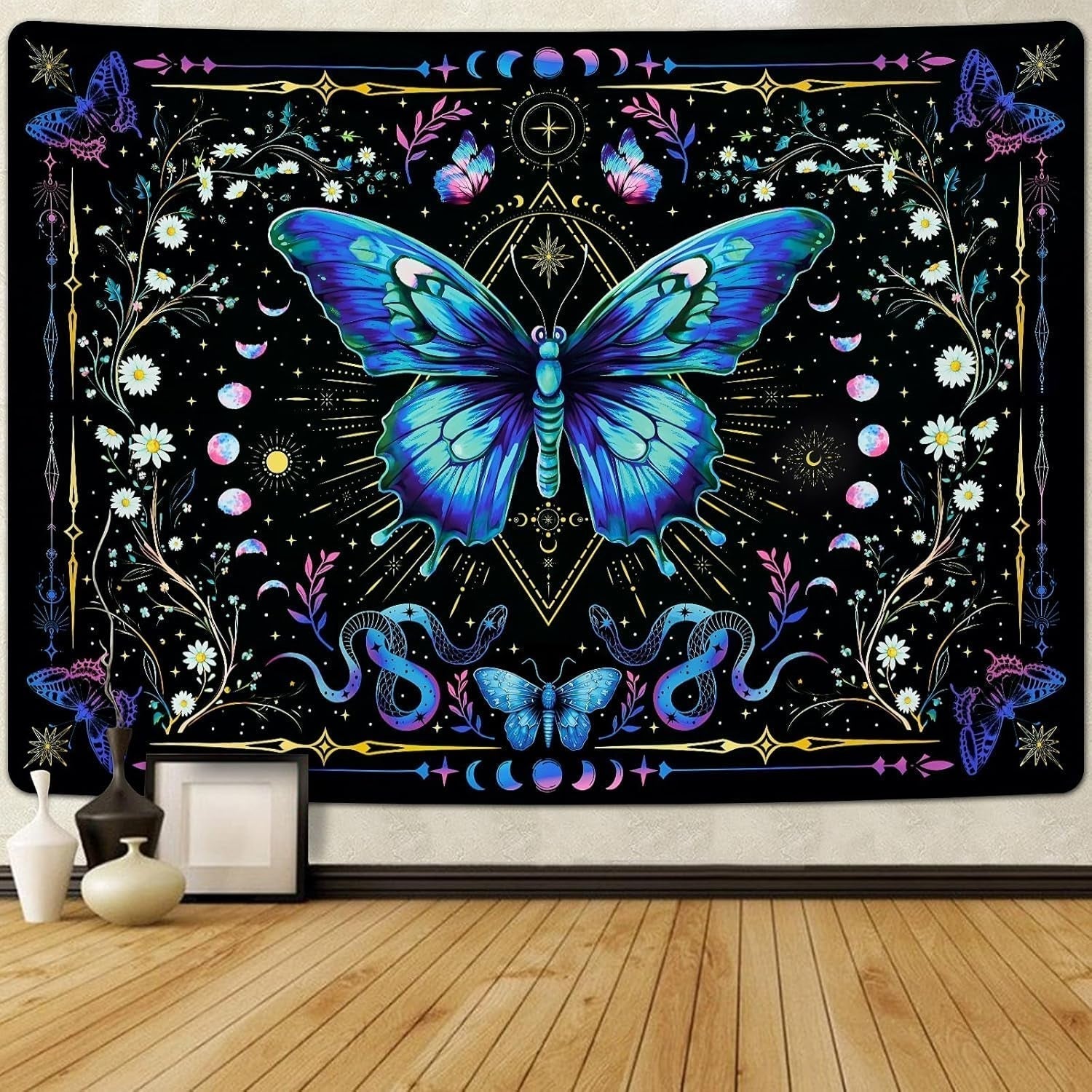 Wandtapijt alishomtll vlinder maanfase bloemen madeliefje zwart Wonen - Accessoires en Decoratie Naty Shop Multi 210L X 150B Cm
