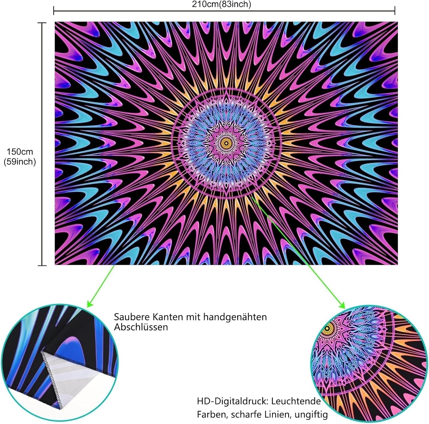 Wandtapijt alishomtll gekleurde mandala zwart licht kunst Home - Accessoires en Decoratie Naty Shop