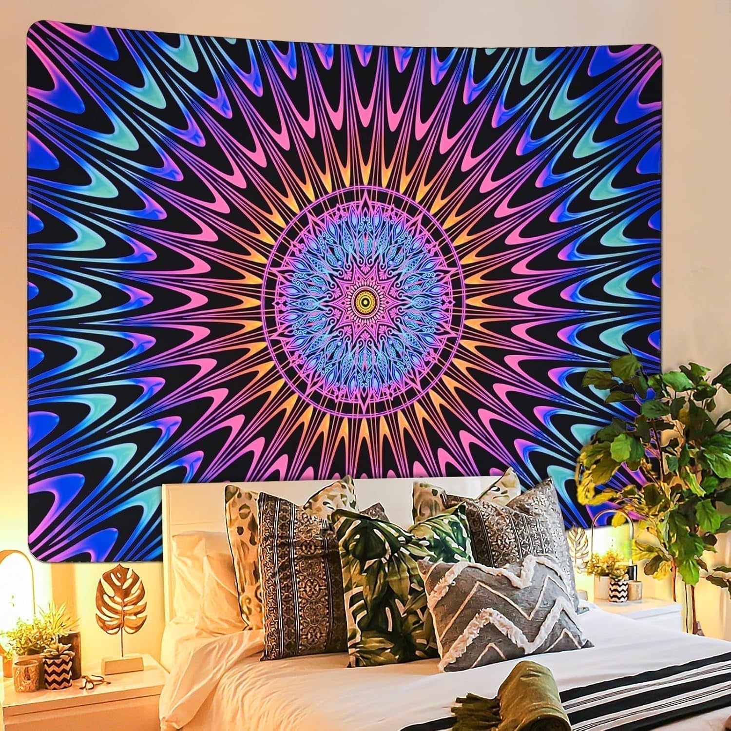 Wandtapijt alishomtll gekleurde mandala zwart licht kunst Home - Accessoires en Decoratie Naty Shop