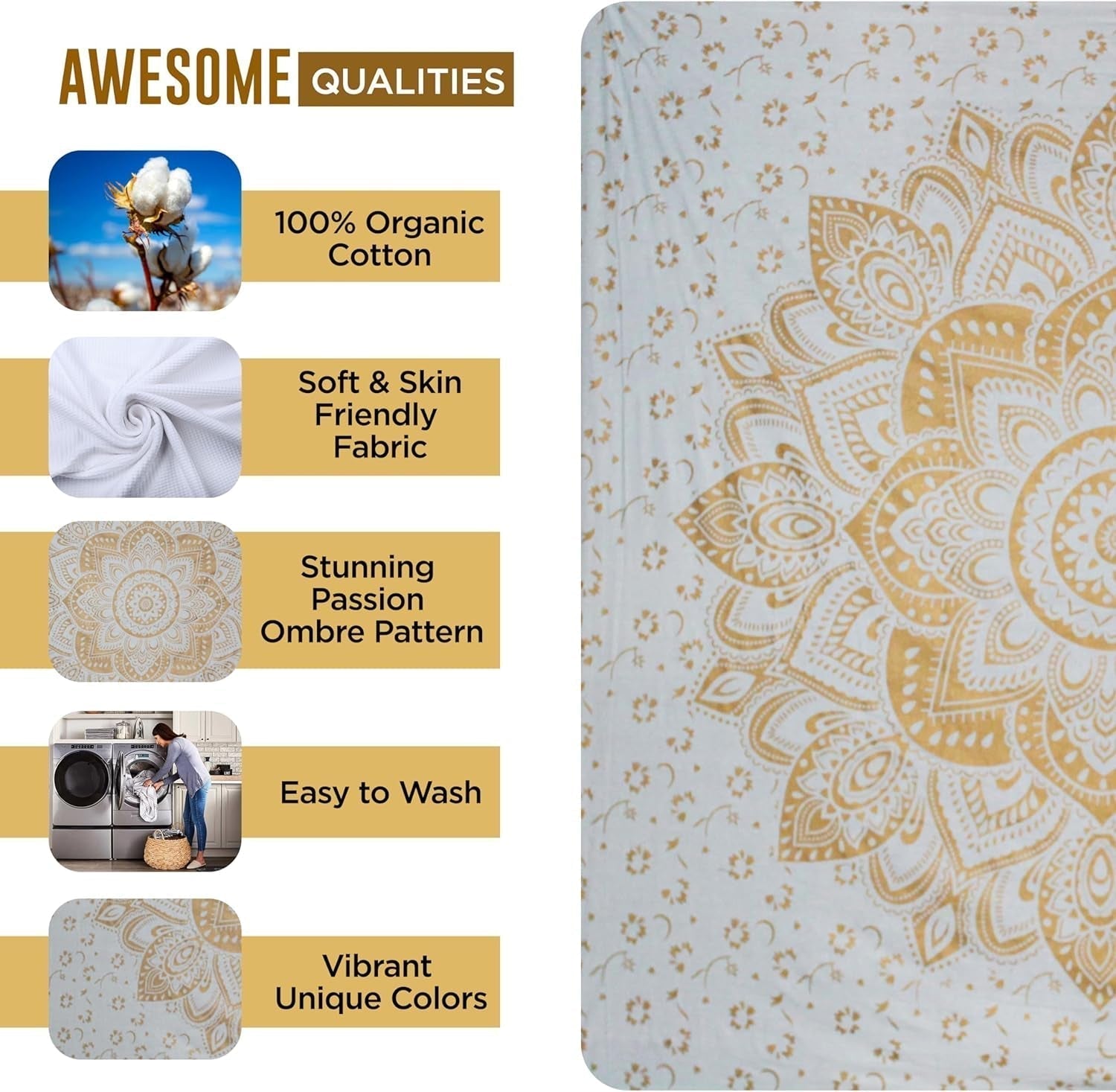Wandtapijt goud metallic mandala Strandsprei van Indiaas katoen Casa - Accessoires en Decoratie Naty Shop