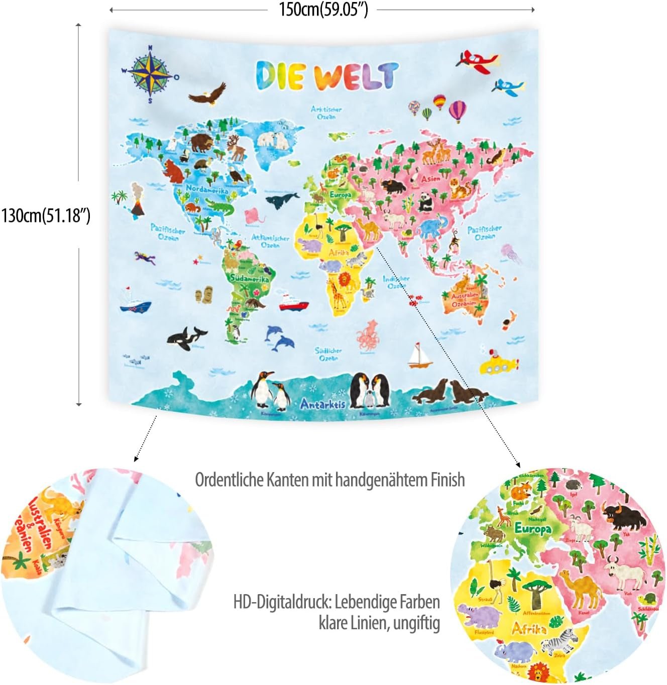 Bashom wandtapijt Duitse dierenwereldkaart voor kinderen Home - Accessoires en Decoratie Naty Shop