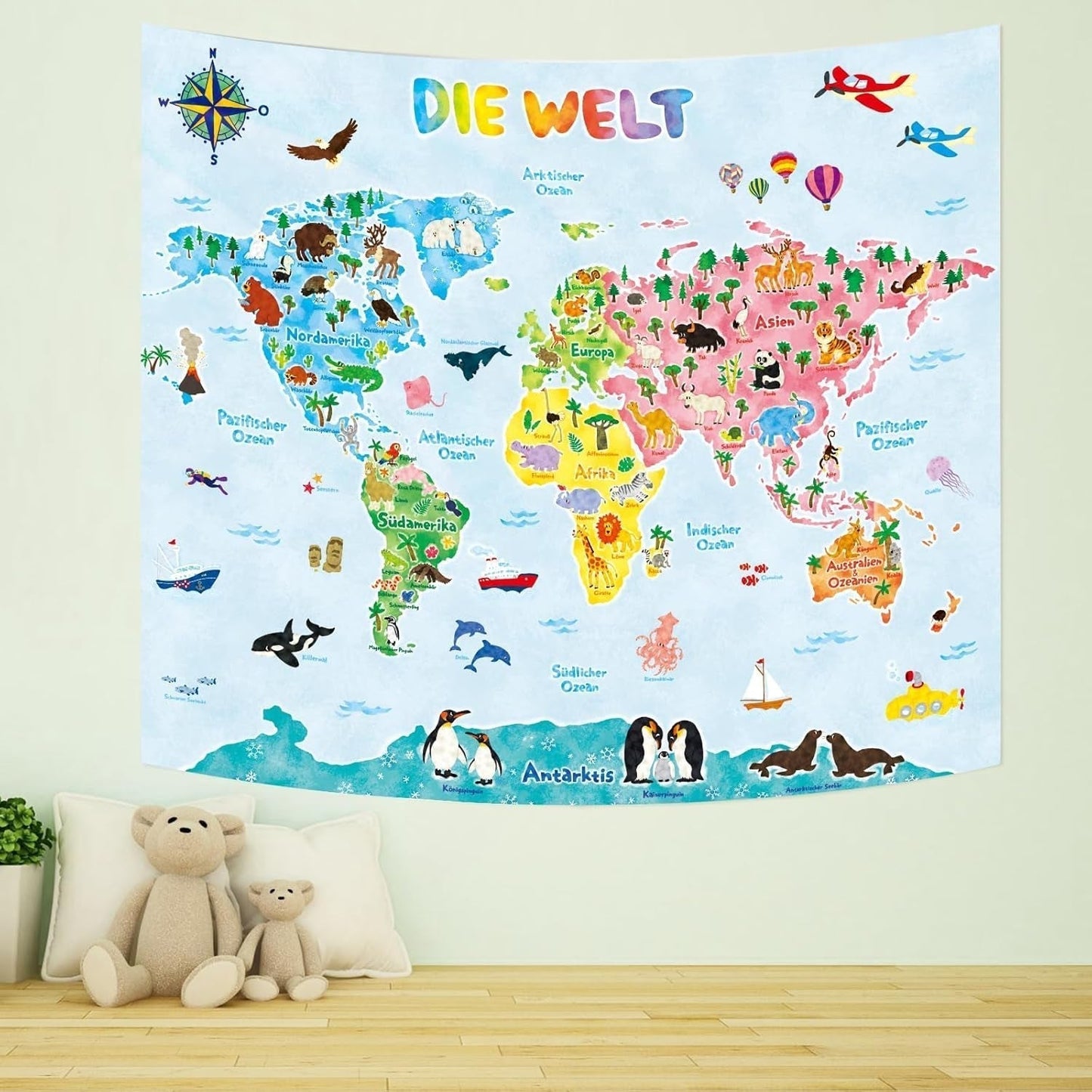 Bashom wandtapijt Duitse dierenwereldkaart voor kinderen Home - Accessoires en Decoratie Naty Shop