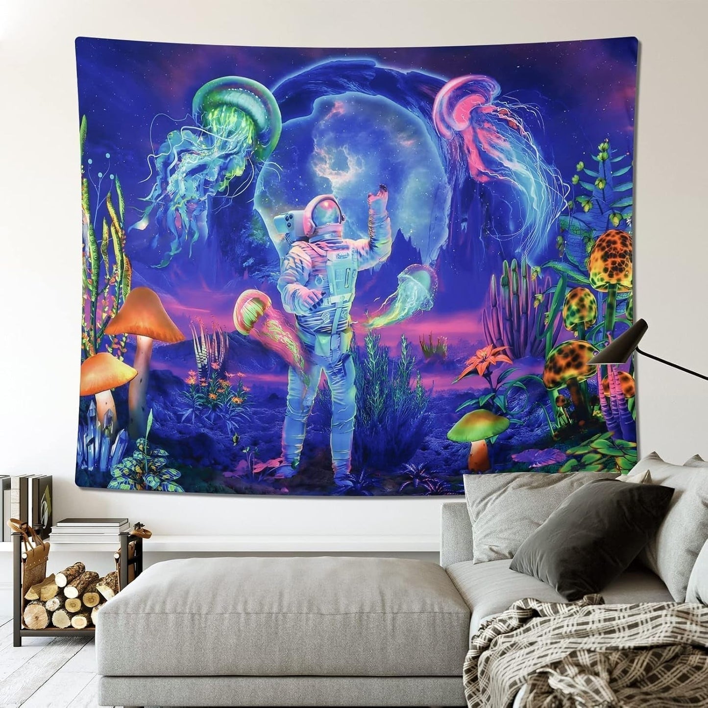 Wandtapijt betylfoy zwart licht astronaut reactieve planten kwallen Home - Accessoires en Decoratie Naty Shop