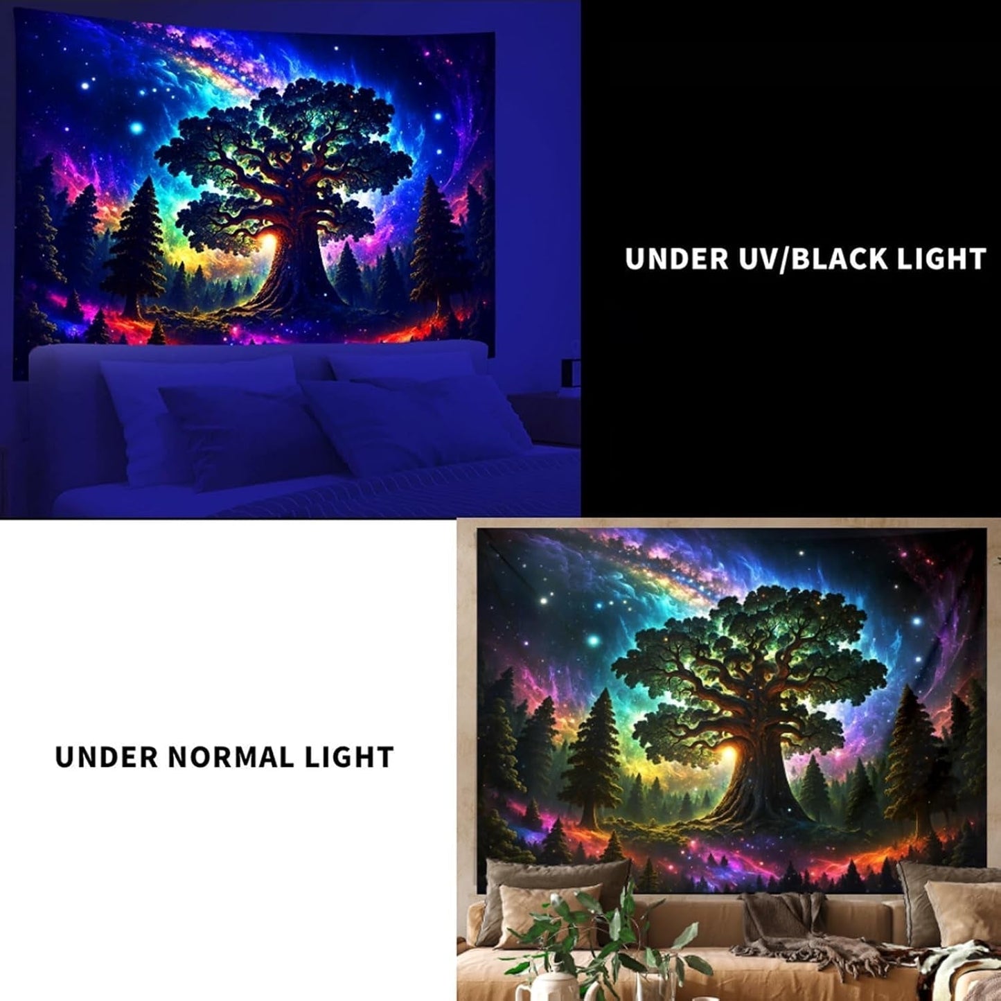 Wandtapijt blacklight bos psychedelisch natuur boom sterren galaxy Home - Accessoires en Decoratie Naty Shop