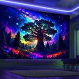 Wandtapijt blacklight bos psychedelische natuur boom sterren galaxy Thuis - Accessoires en Decoratie Naty Shop 200L X 150B Cm