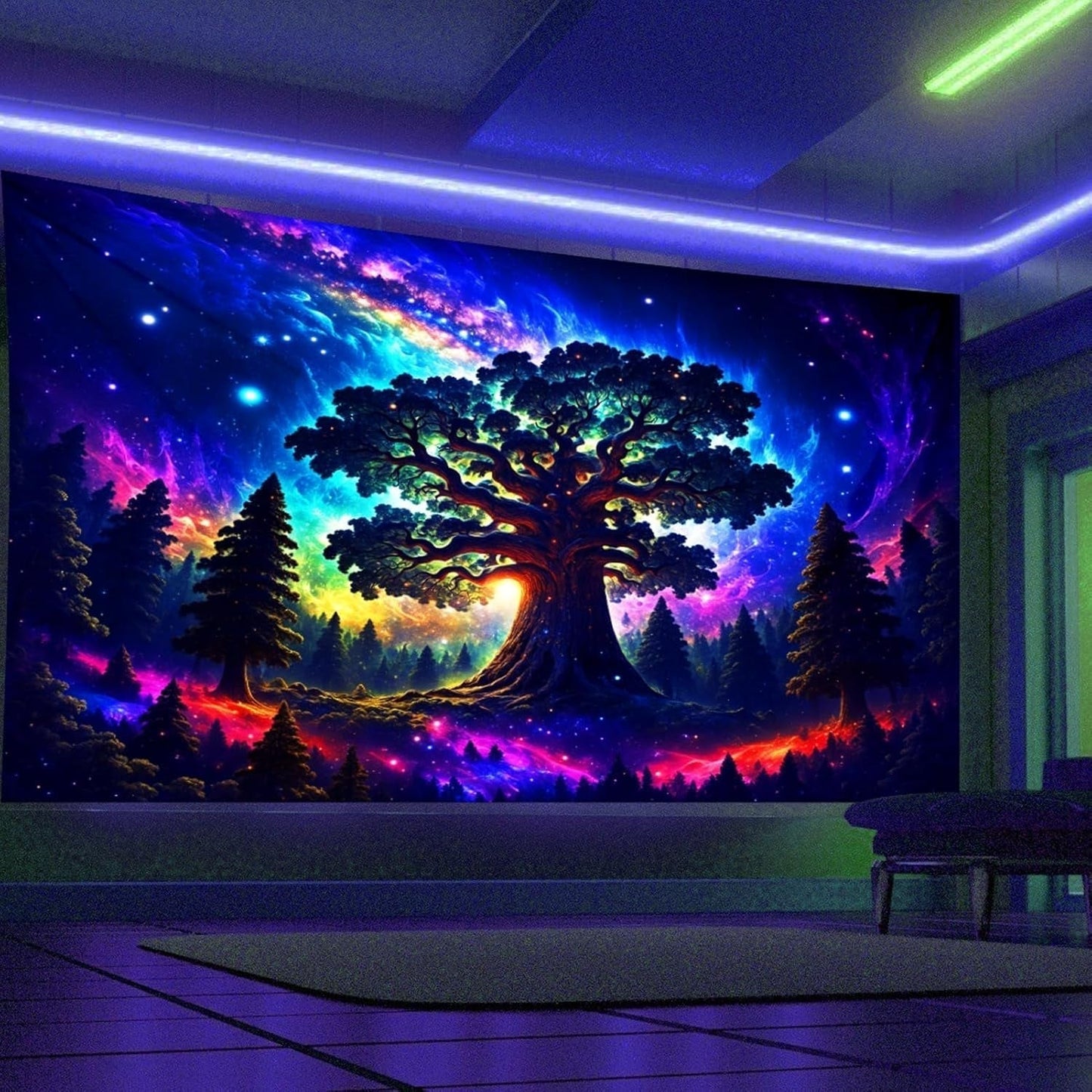 Wandtapijt blacklight bos psychedelisch natuur boom sterren galaxy Home - Accessoires en Decoratie Naty Shop