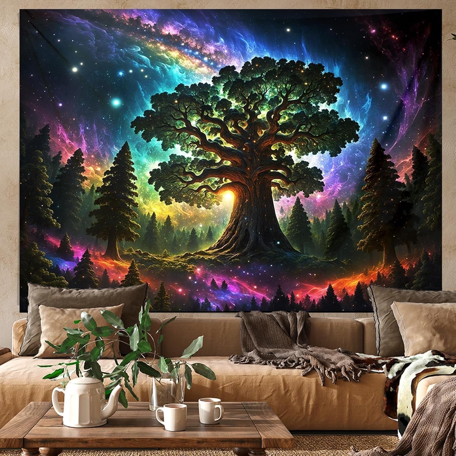 Wandtapijt blacklight bos psychedelische natuur boom sterren galaxy Thuis - Accessoires en Decoratie Naty Shop 300L X 180B Cm