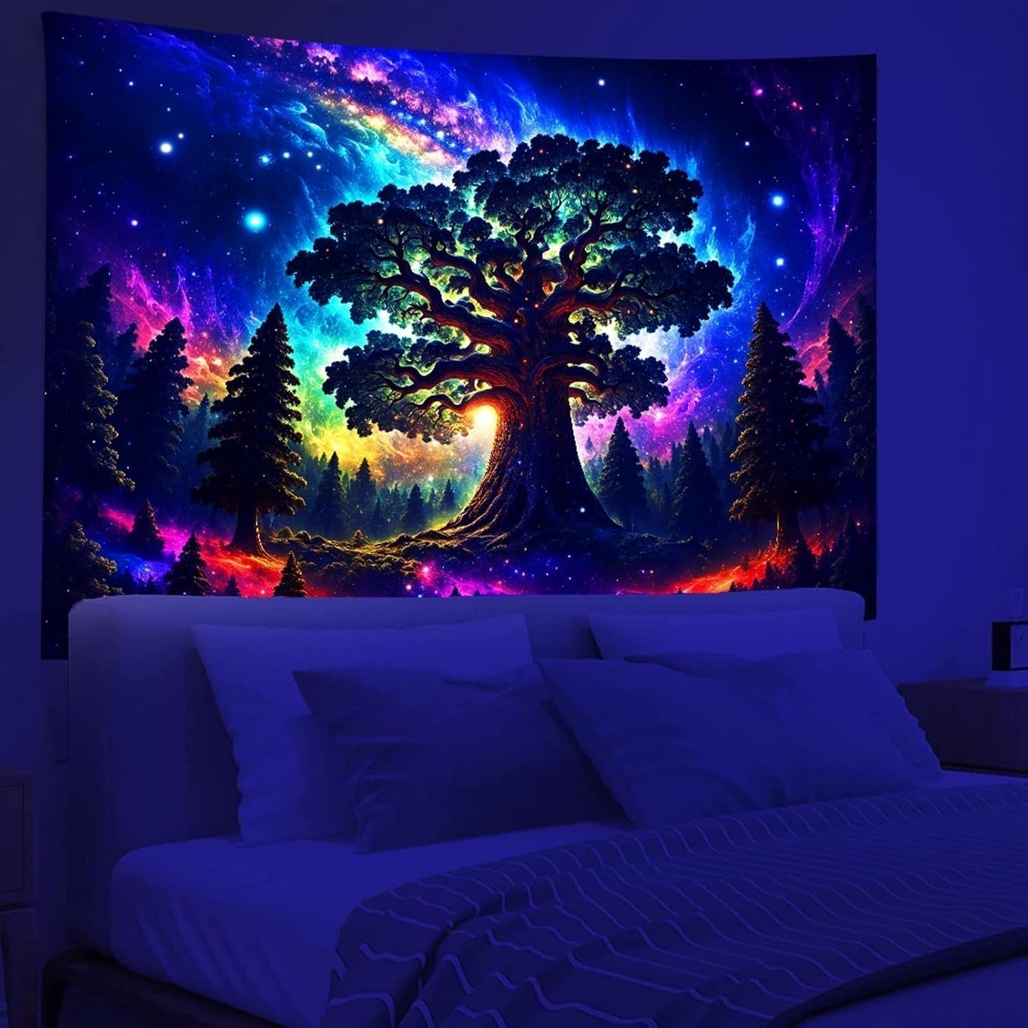 Wandtapijt blacklight bos psychedelisch natuur boom sterren galaxy Home - Accessoires en Decoratie Naty Shop