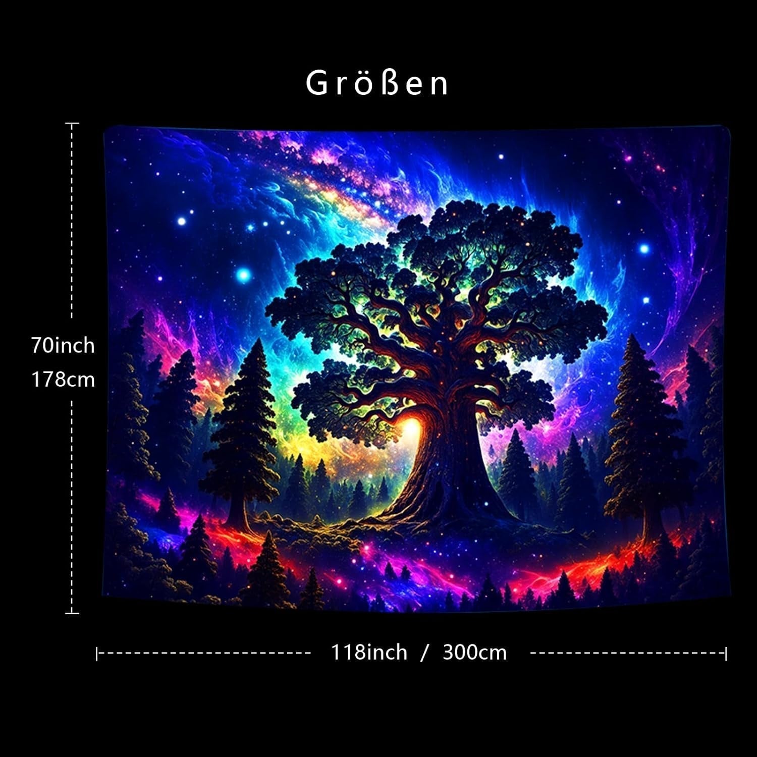 Wandtapijt blacklight bos psychedelisch natuur boom sterren galaxy Home - Accessoires en Decoratie Naty Shop