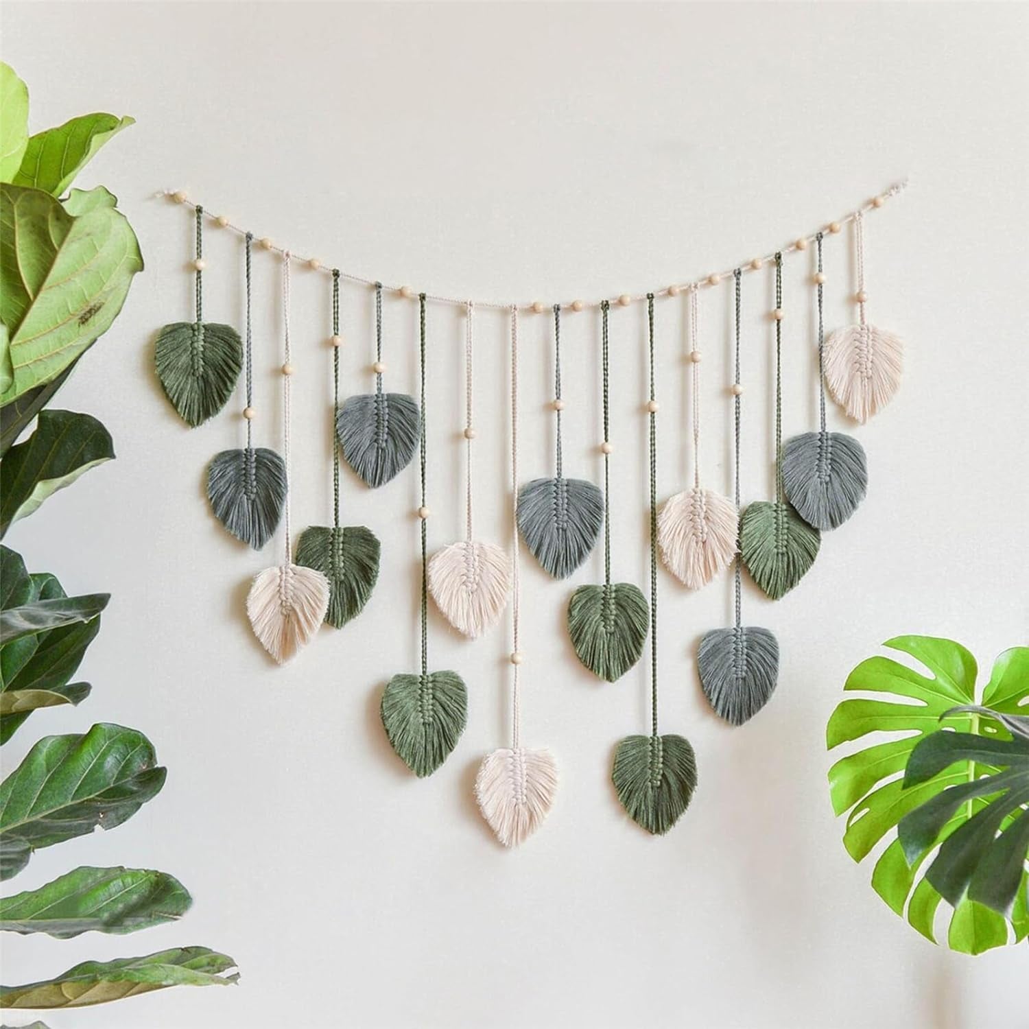 Wandtapijt decoratie grote geweven kralen hout bladeren Home - Accessoires en Decoratie Naty Shop