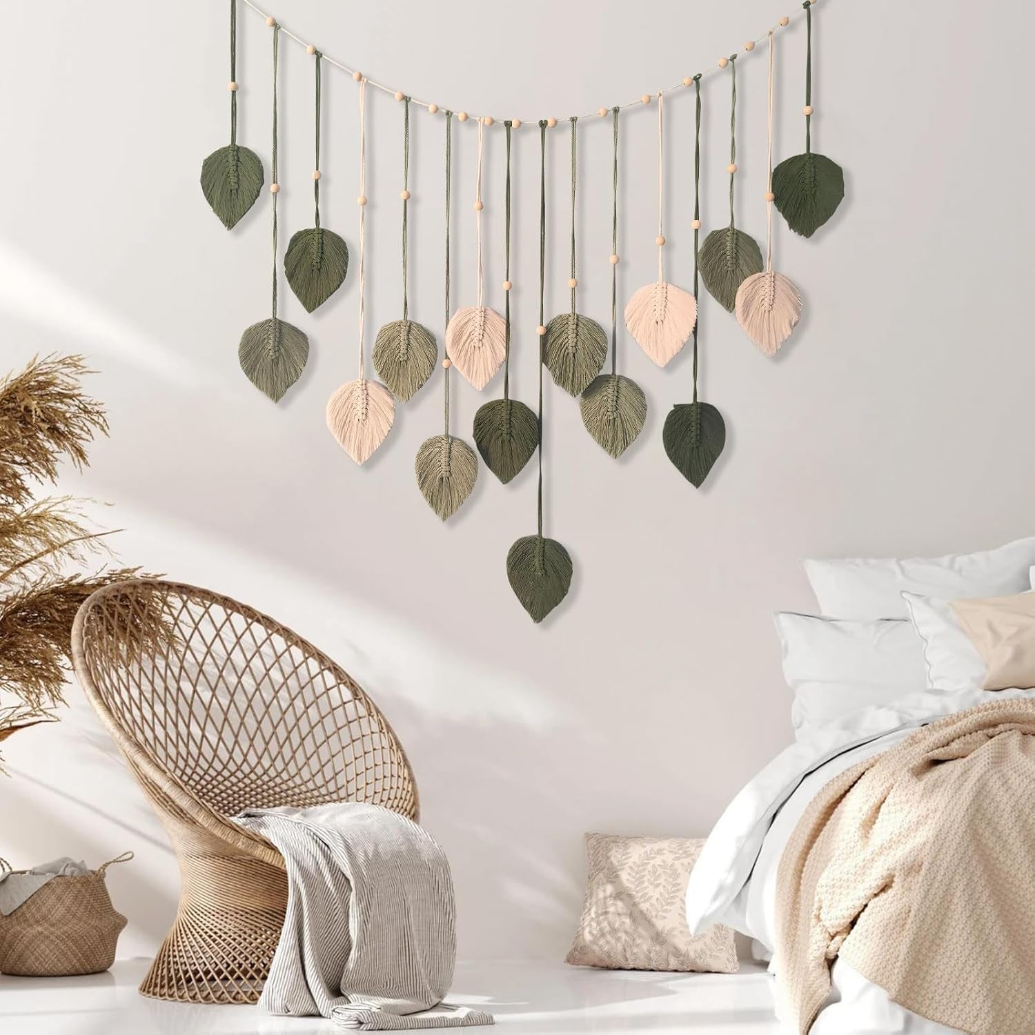 Wandtapijt decoratie houten kralen bladmotief Woon - Accessoires en Decoratie Naty Shop