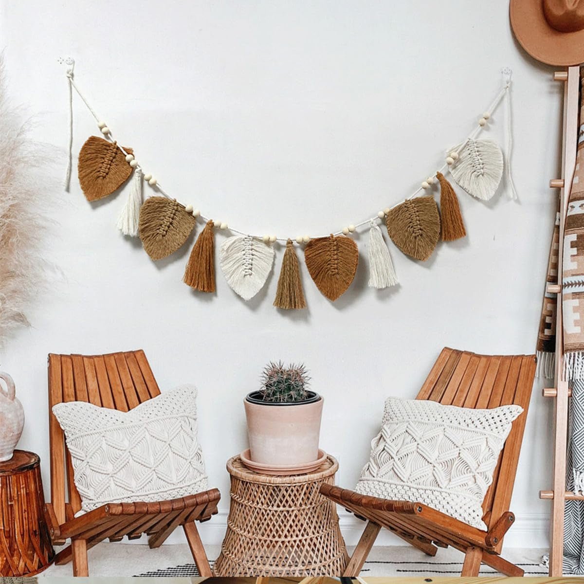 Decoratief wandtapijt geweven bladeren chique franjes Home - Accessoires en Decoratie Naty Shop
