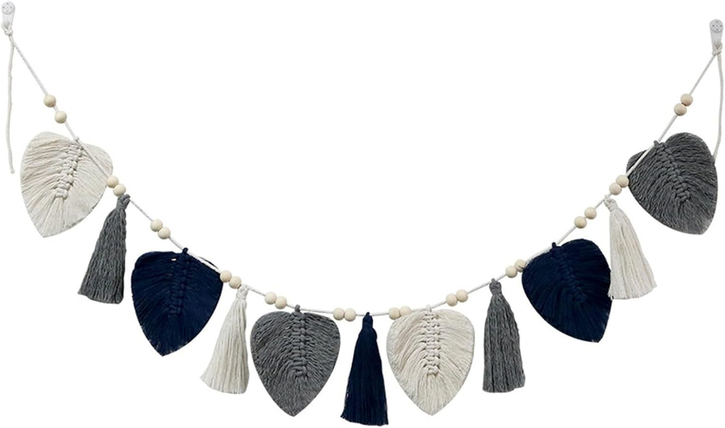 Decoratief wandtapijt geweven bladeren chique franjes Home - Accessoires en Decoratie Naty Shop Blauw