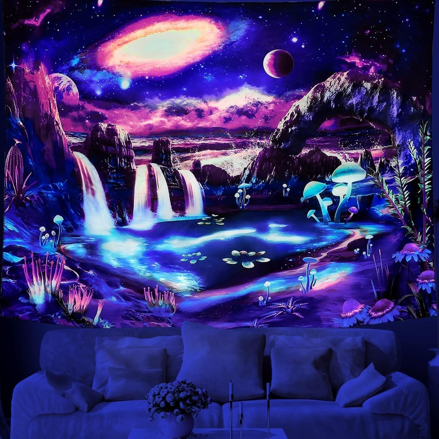Wandtapijt dremisland blacklight paddestoel psychedelische reactieve galaxy muur Home - Accessoires en Decoratie Naty Shop Calea Lactee 150L X 130B Cm