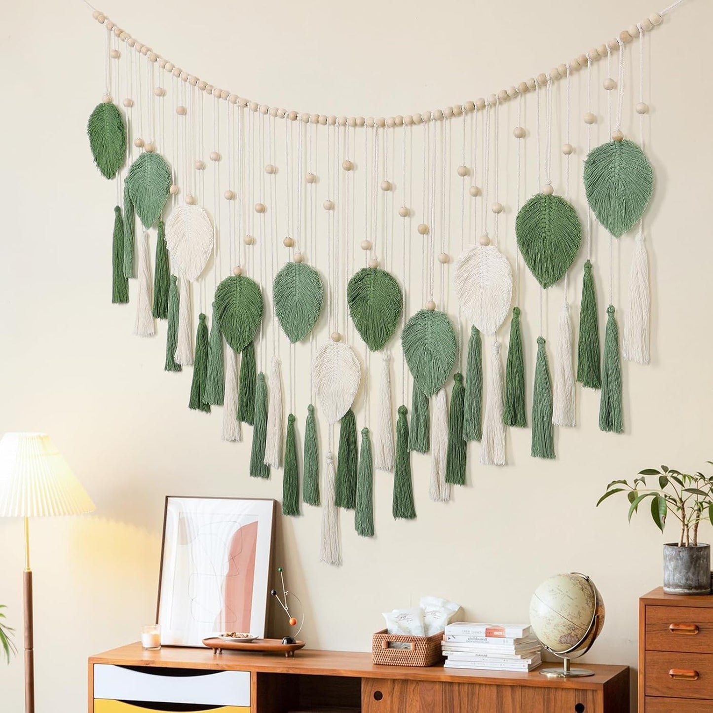 Dremisland wandtapijt grote beige groene bladeren kwastjes Home - Accessoires en Decoratie Naty Shop