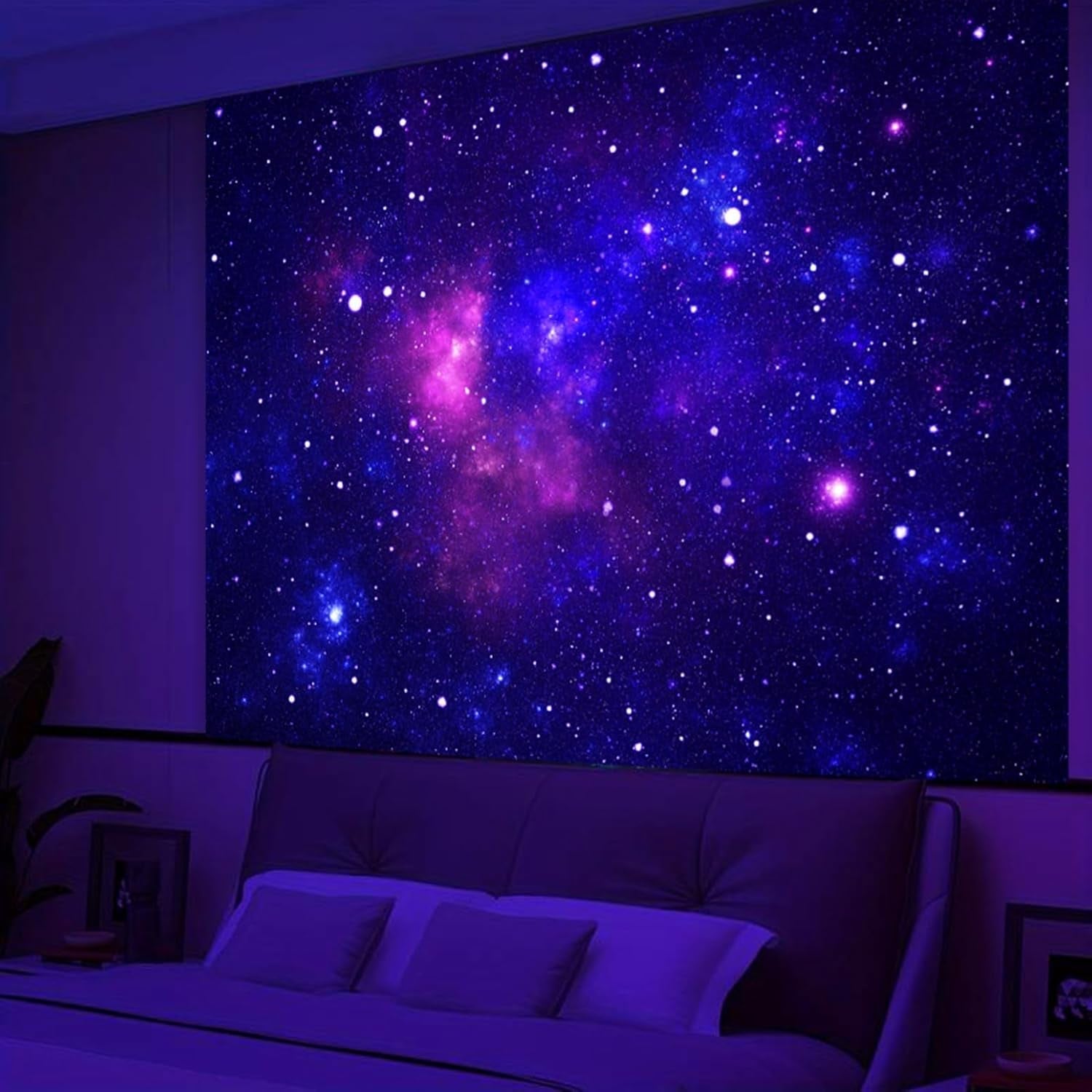 Wandtapijt galaxy zwart licht sterrenhemel reactief blauw Wonen - Accessoires en Decoratie Naty Shop