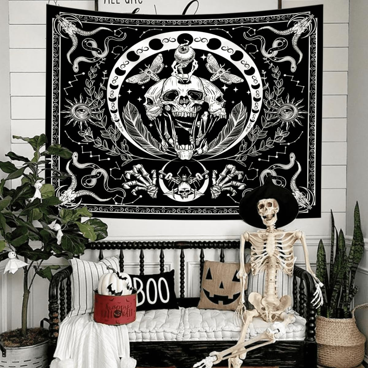 Wandtapijt gotische halloween banner zwart wit Wonen - Accessoires en Decoratie Naty Shop
