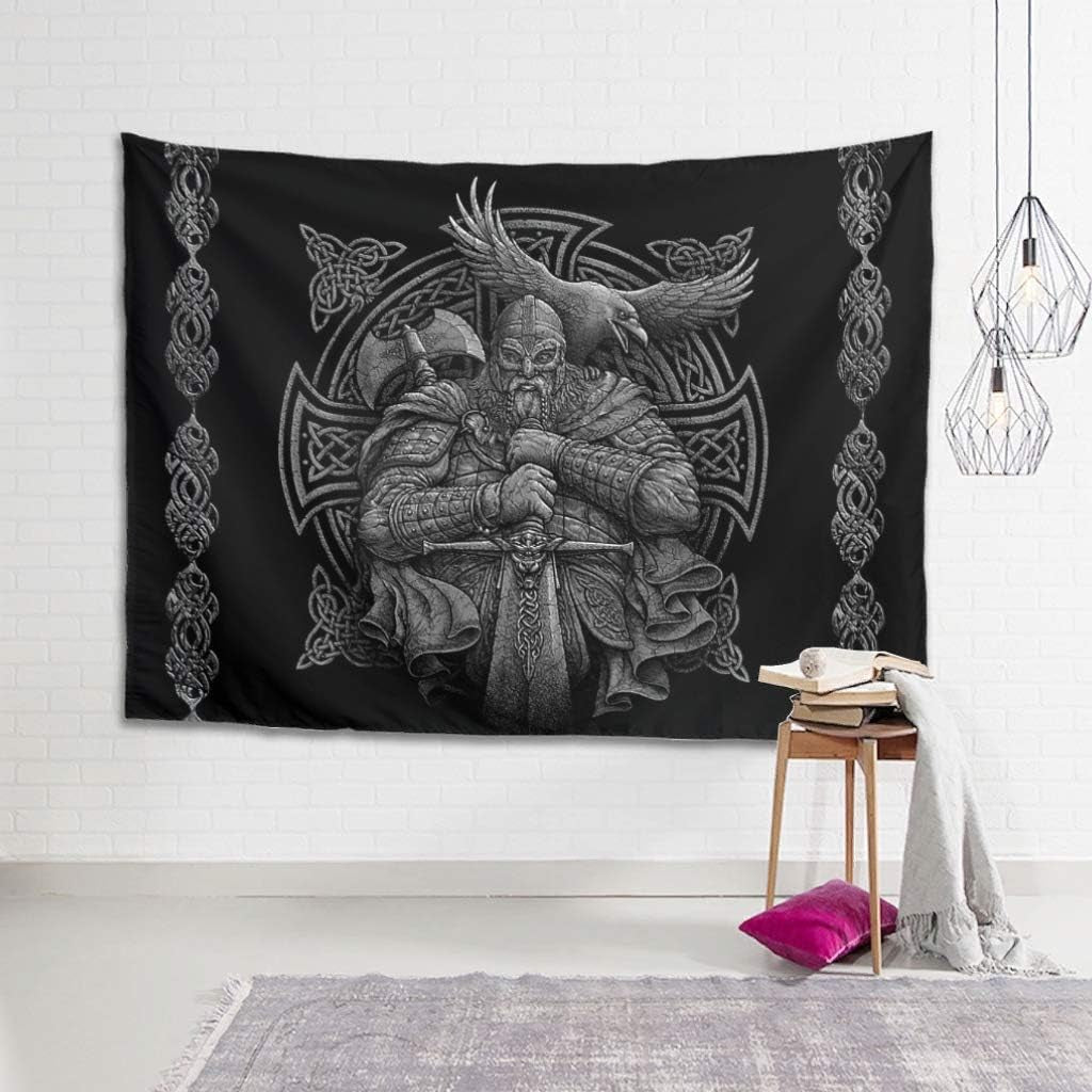 Wandtapijt grijs viking odin bijl zwaard raaf kruis Home - Accessoires en Decoratie Naty Shop