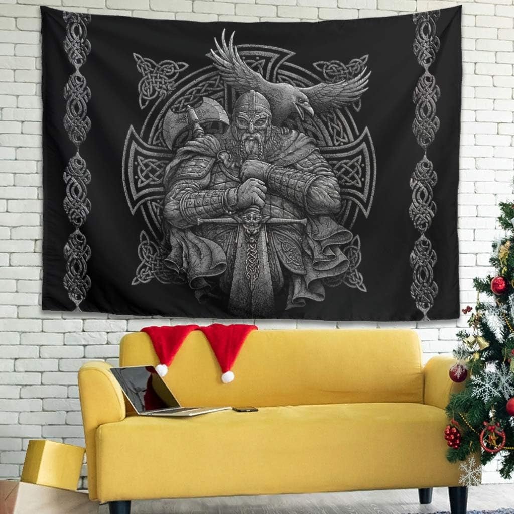 Wandtapijt grijs viking odin bijl zwaard raaf kruis Home - Accessoires en Decoratie Naty Shop Standaardtitel