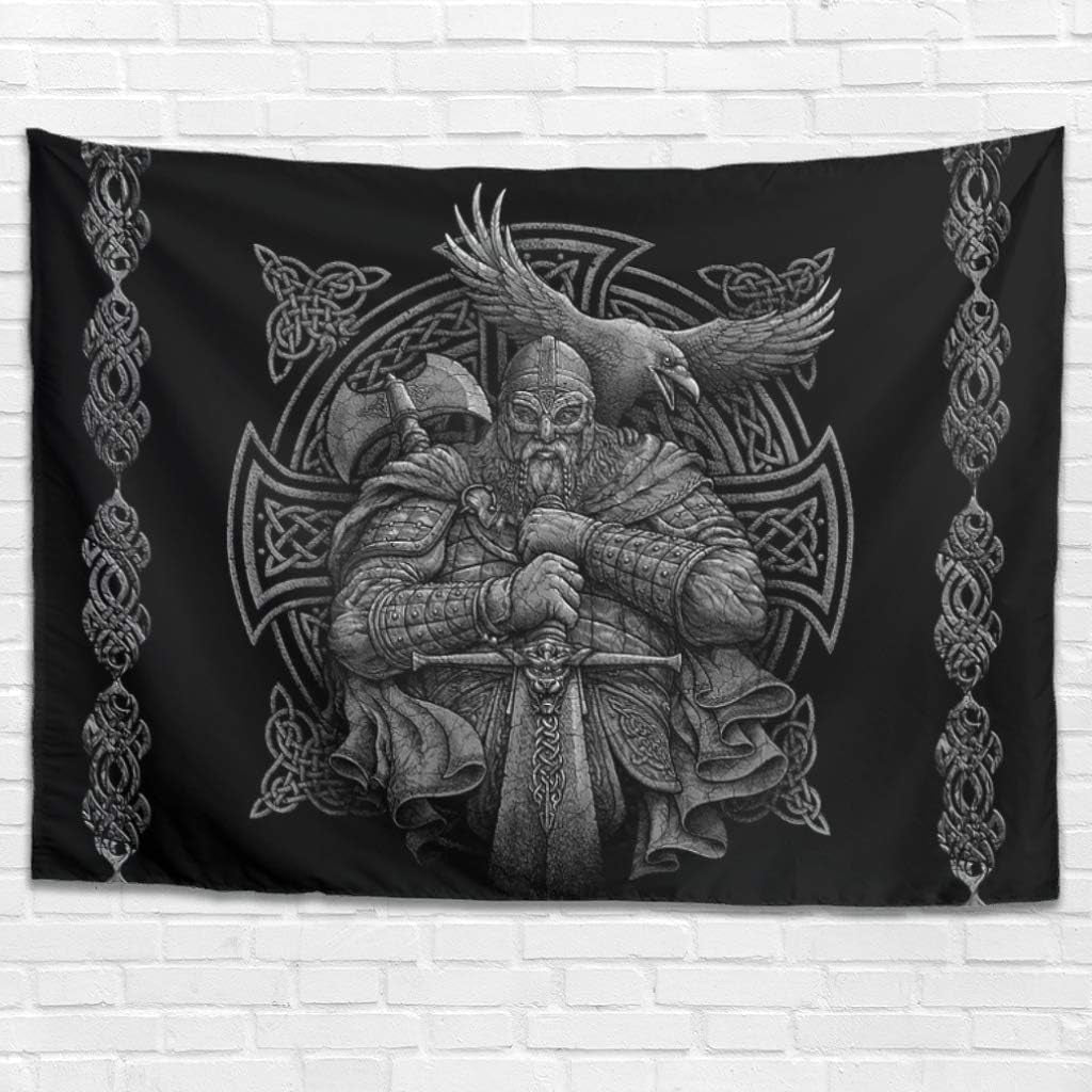 Wandtapijt grijs viking odin bijl zwaard raaf kruis Home - Accessoires en Decoratie Naty Shop