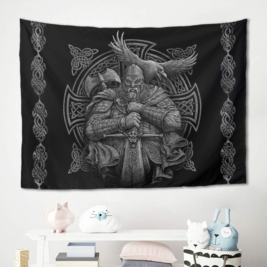 Wandtapijt grijs viking odin bijl zwaard raaf kruis Home - Accessoires en Decoratie Naty Shop