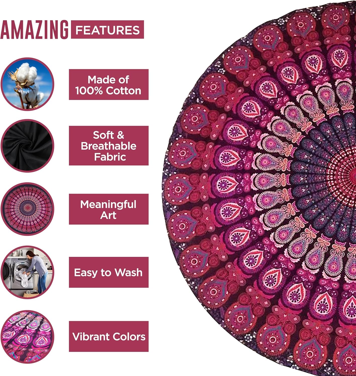 India wandtapijt strandlaken rond mandala hippie violet Home - Accessoires en Decoratie Naty Shop