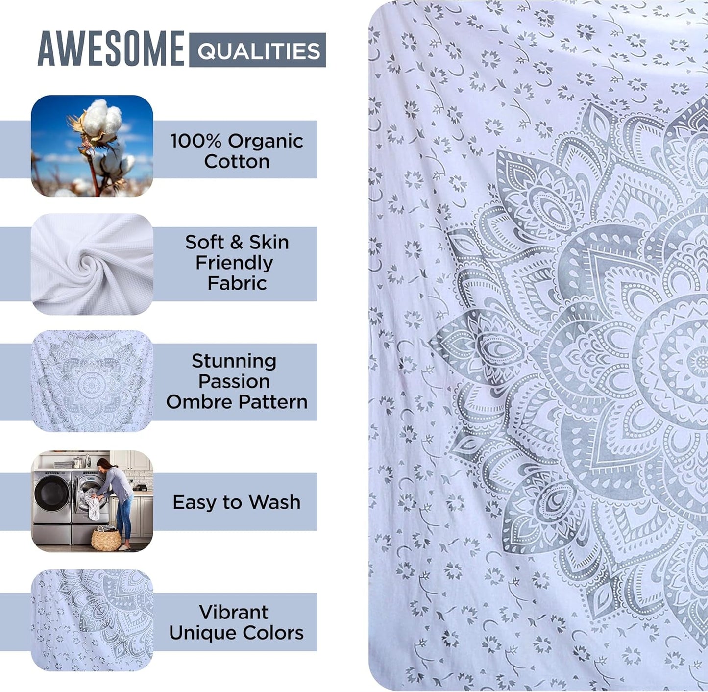 Indiase wandtapijt mandala zilver witte kamer esthetisch canvas Huis - Accessoires en Decoratie Naty Shop