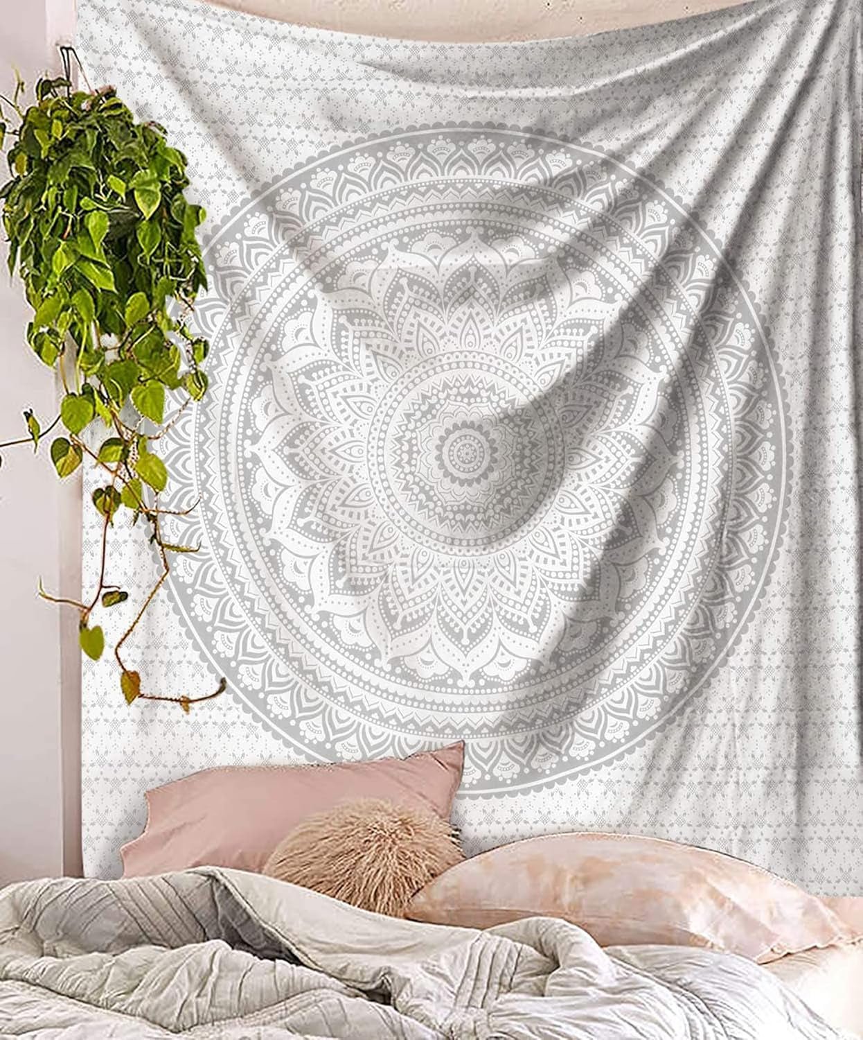 Indiase wandtapijt mandala zilver witte kamer esthetisch canvas Huis - Accessoires en Decoratie Naty Shop