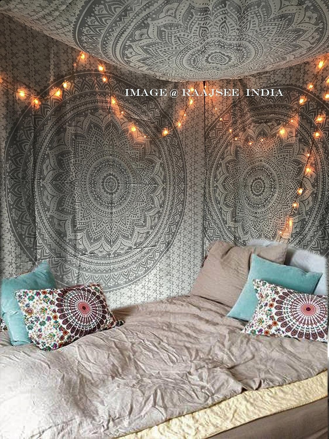 Indiase wandtapijt mandala zilver witte kamer esthetisch canvas Huis - Accessoires en Decoratie Naty Shop