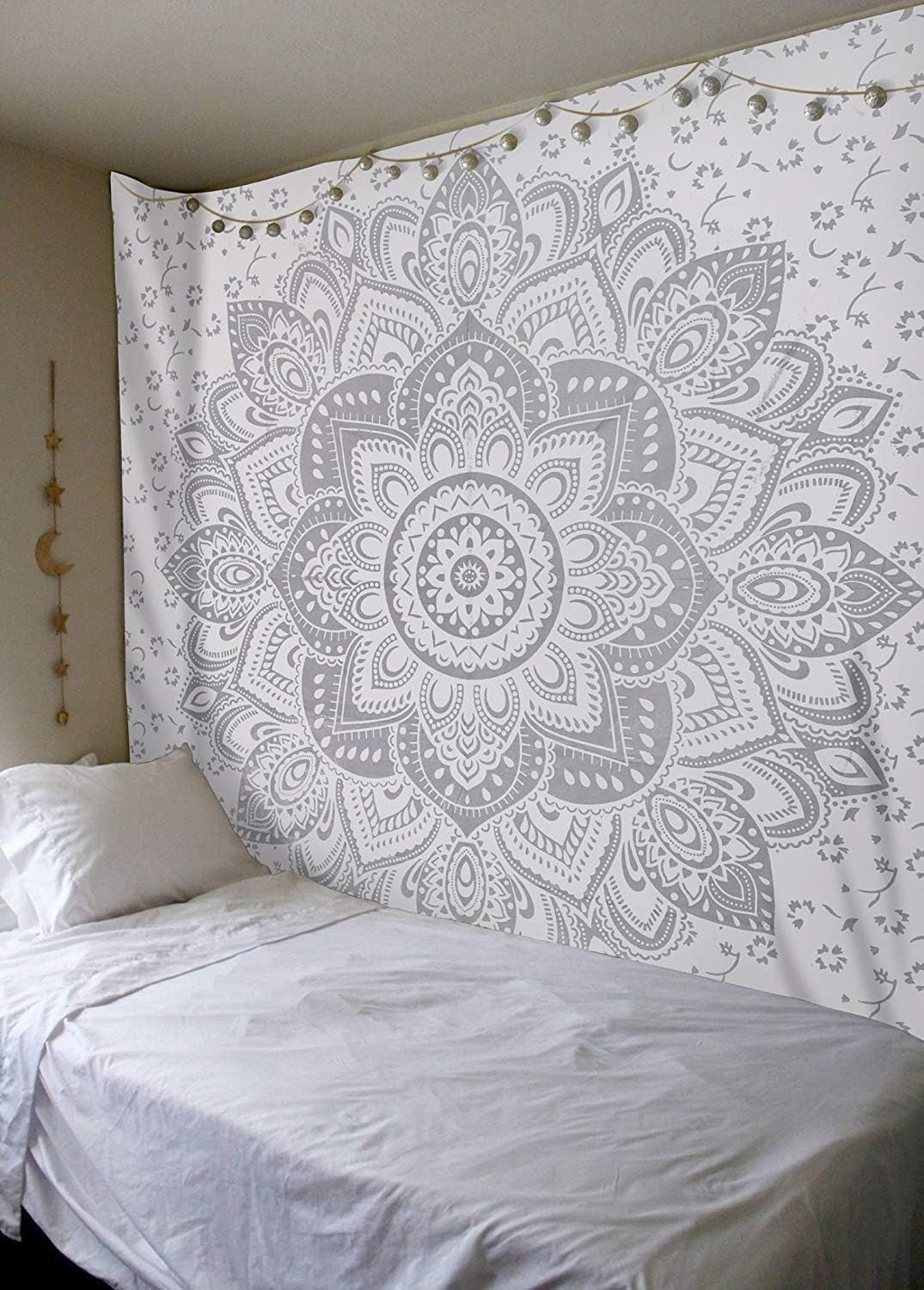 Indiase wandtapijt mandala zilver witte kamer esthetisch canvas Huis - Accessoires en Decoratie Naty Shop