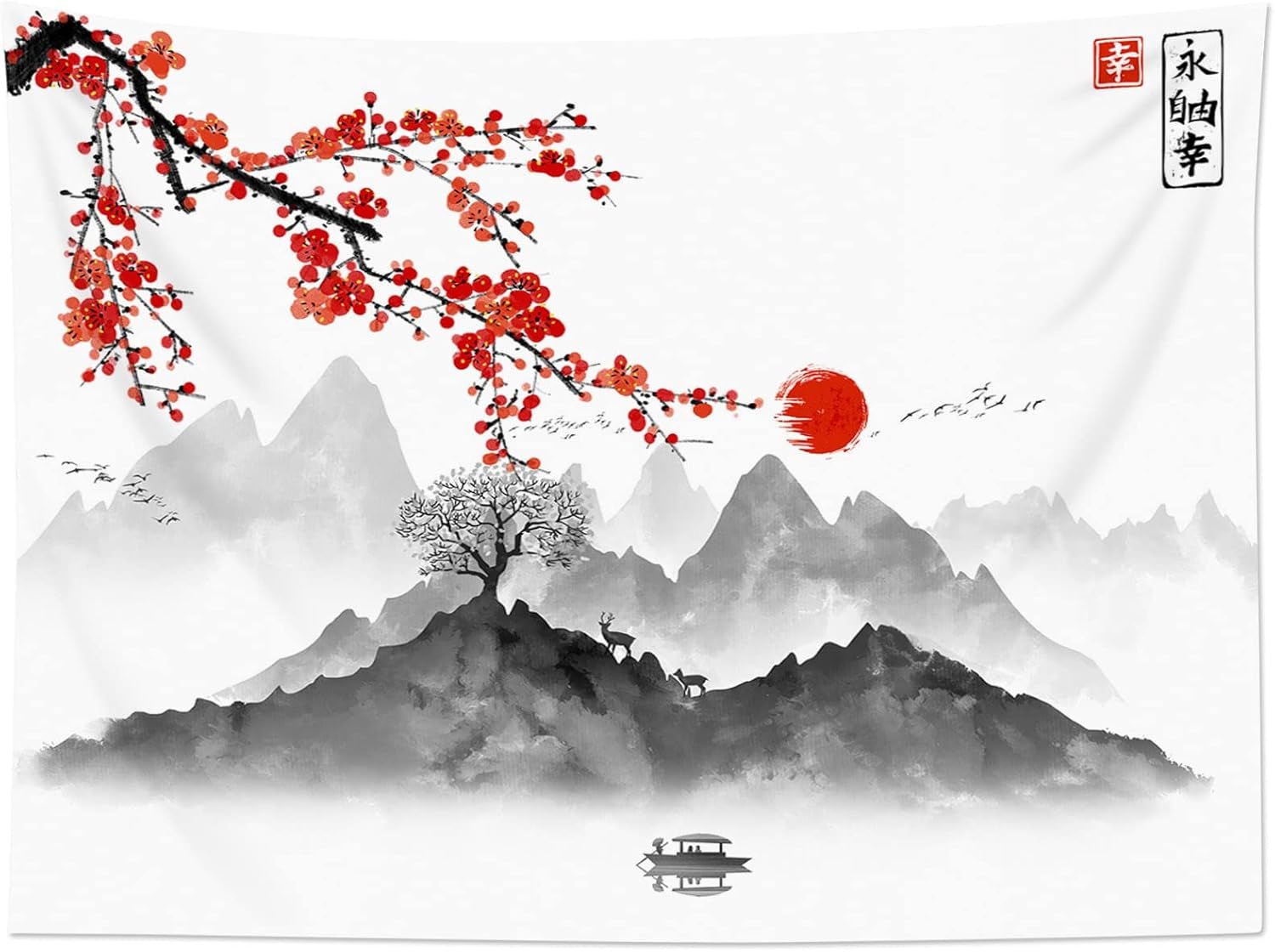 Japans wandtapijt canvas rode kersenbloesem zonnemuur Home - Accessoires en Decoratie Naty Shop
