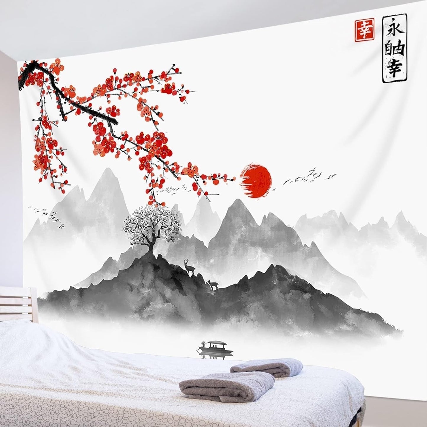 Japans wandtapijt canvas rode kersenbloesem zonnemuur Home - Accessoires en Decoratie Naty Shop