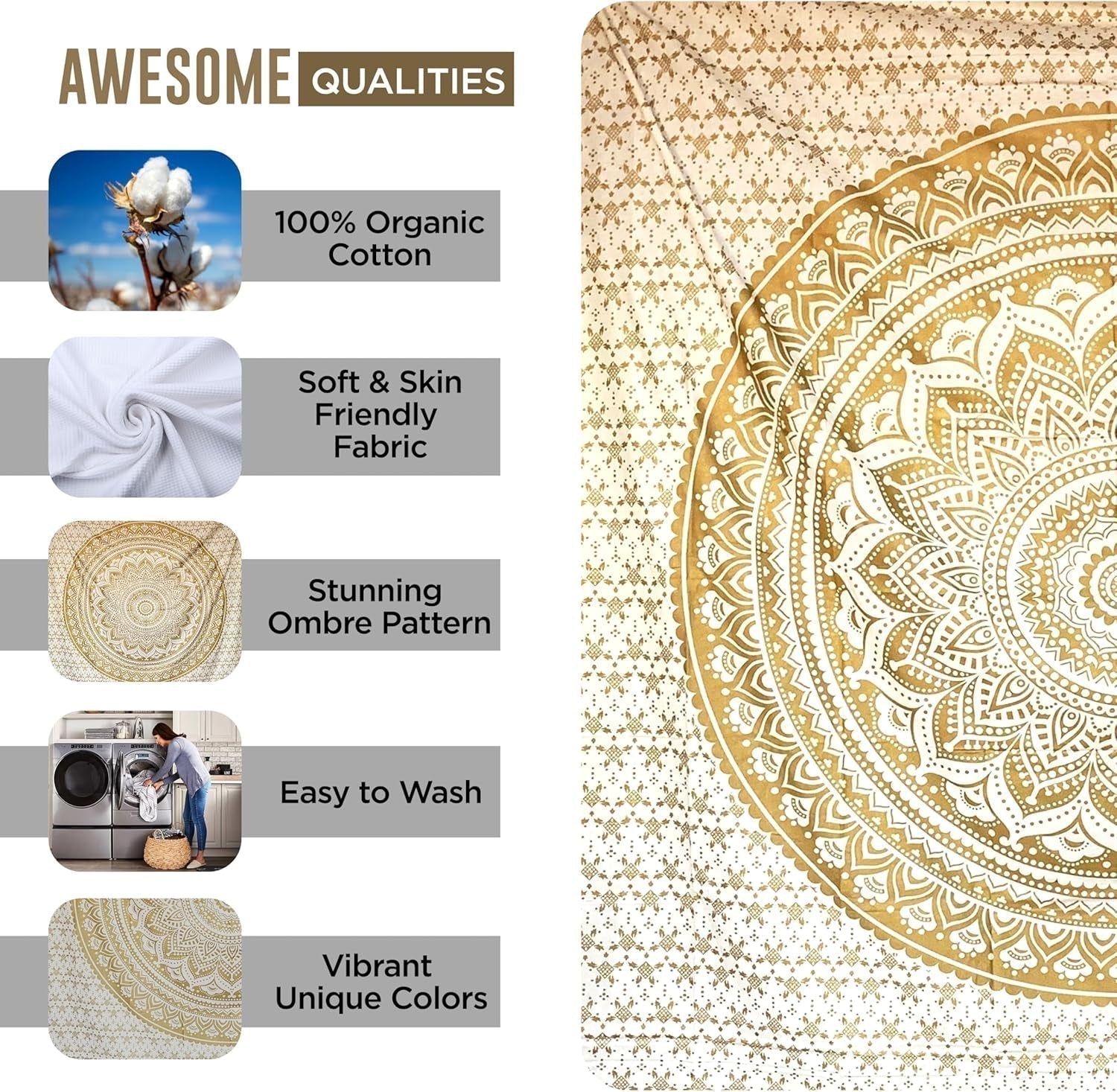 Mandala wandtapijt kamerdecoratie esthetisch goud wit canvas Home - Accessoires en Decoratie Naty Shop