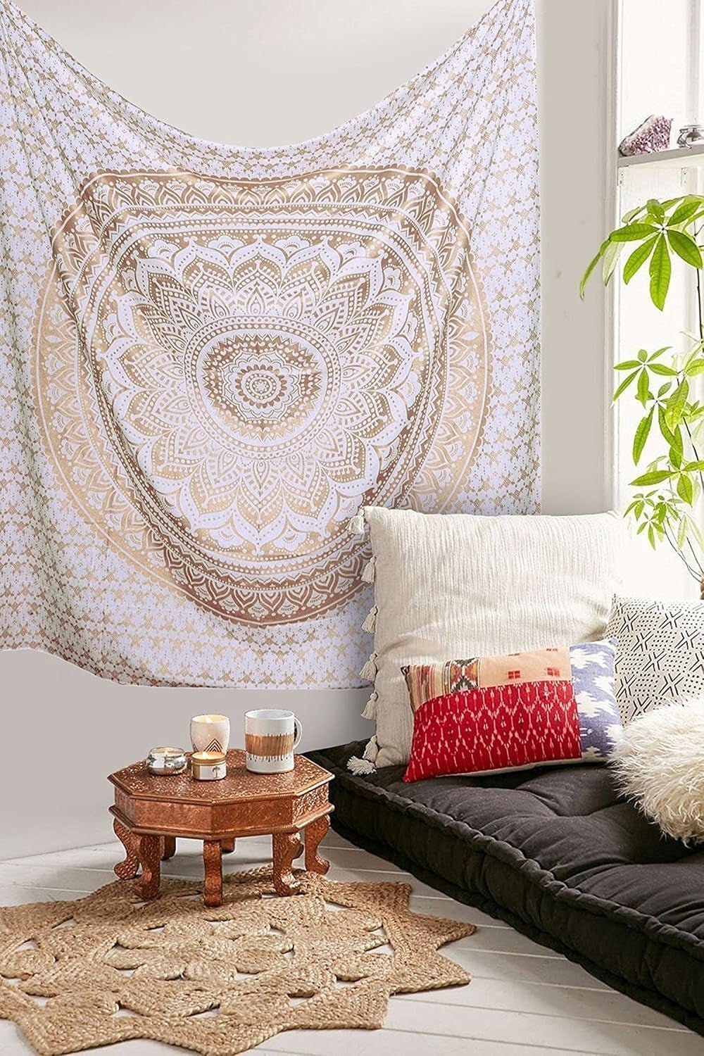 Mandala wandtapijt kamerdecoratie esthetisch goud wit canvas Home - Accessoires en Decoratie Naty Shop