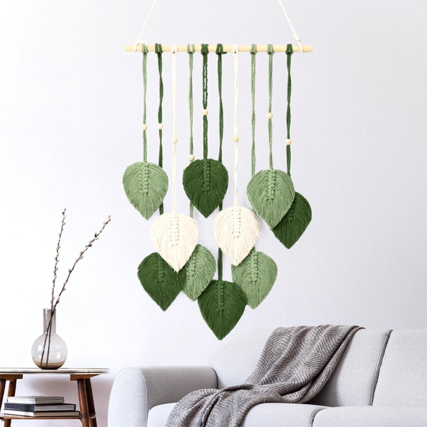 Handgemaakt wandkleed houten kralen groene bladeren Home - Accessoires en Decoratie Naty Shop Groeten