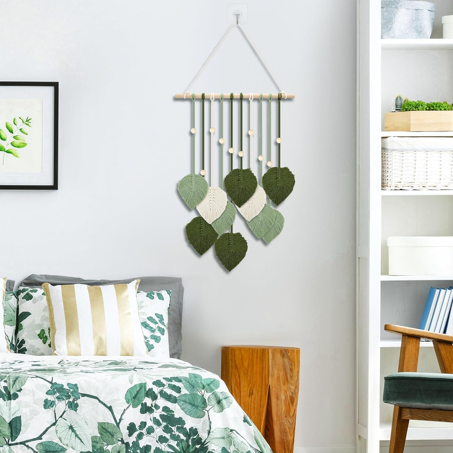 Wandtapijt houten kralen groene bladeren haak Woon - Accessoires en Decoratie Naty Shop